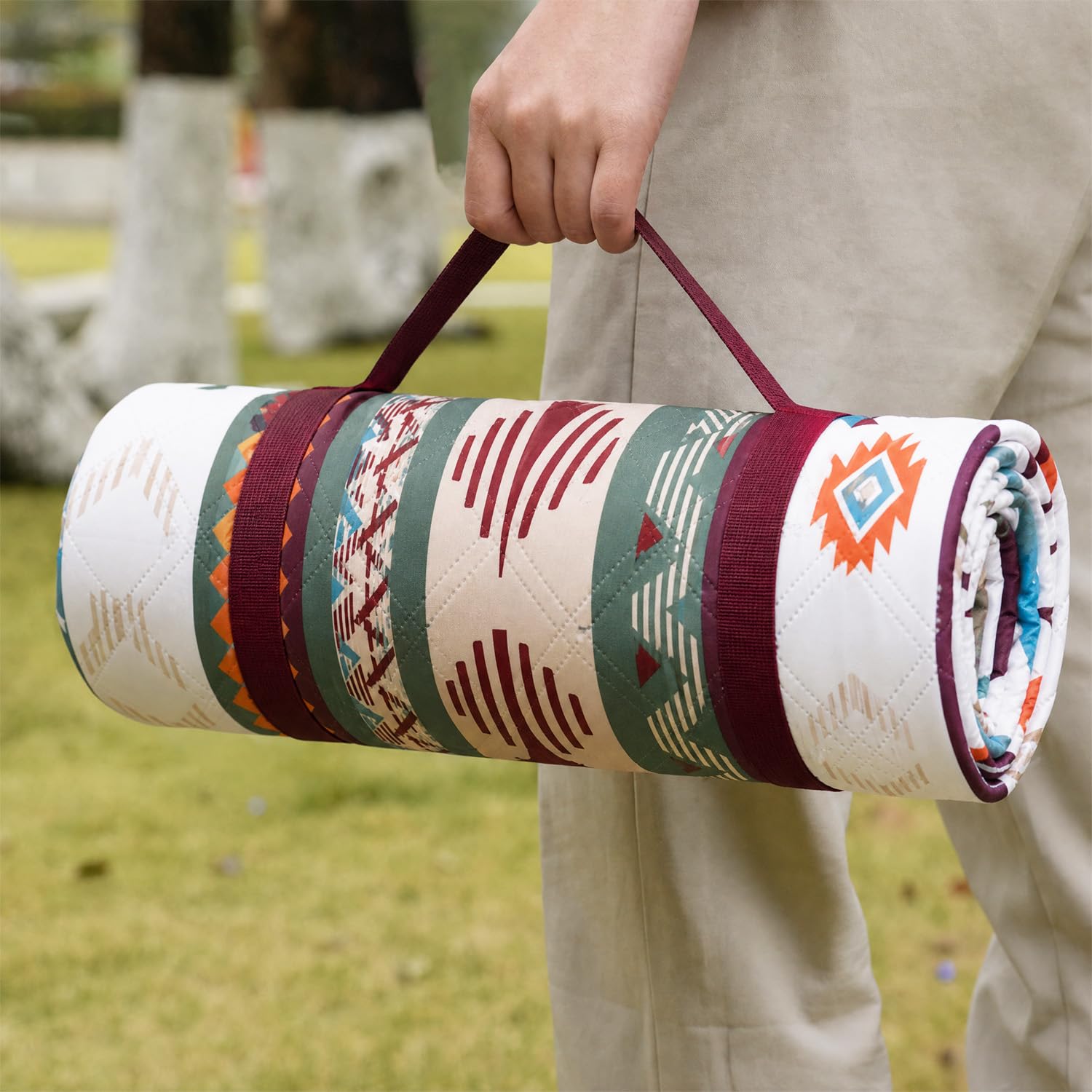 Coperta da picnic impermeabile, 200 x 200 cm, senza sabbia e lavabile, imbottita e portatile, grande per spiaggia, barbecue, escursioni, campeggio, coperta da picnic (Boho)
