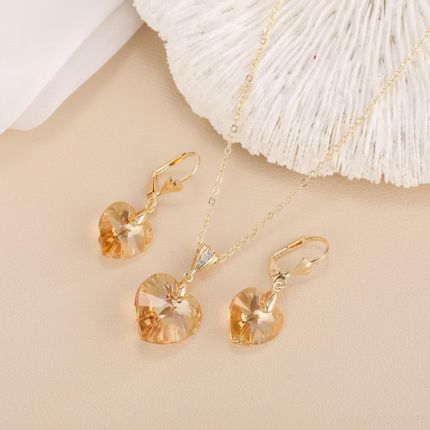 EVEVIC Austrian Crystals Heart Pendant Necklace Earrings for Women 14K Gold Plated Hypoallergenic Leverback Drop Dangle Earring Jewelry Set