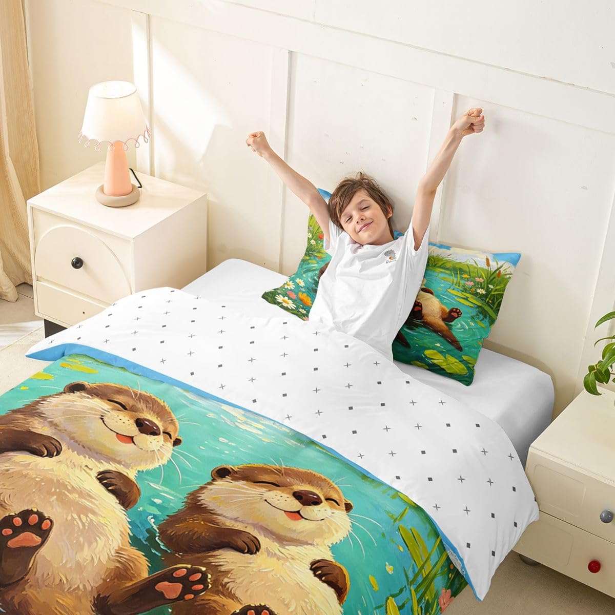Erosebridal Cartoon Otter Toddler Comforter Cover Cute Otter Floating Bedding Set Teal Pond & Wildflower Duvet Cover for Kids Girls Boys Adults Ocean Aquatic Wildlife Bed Set