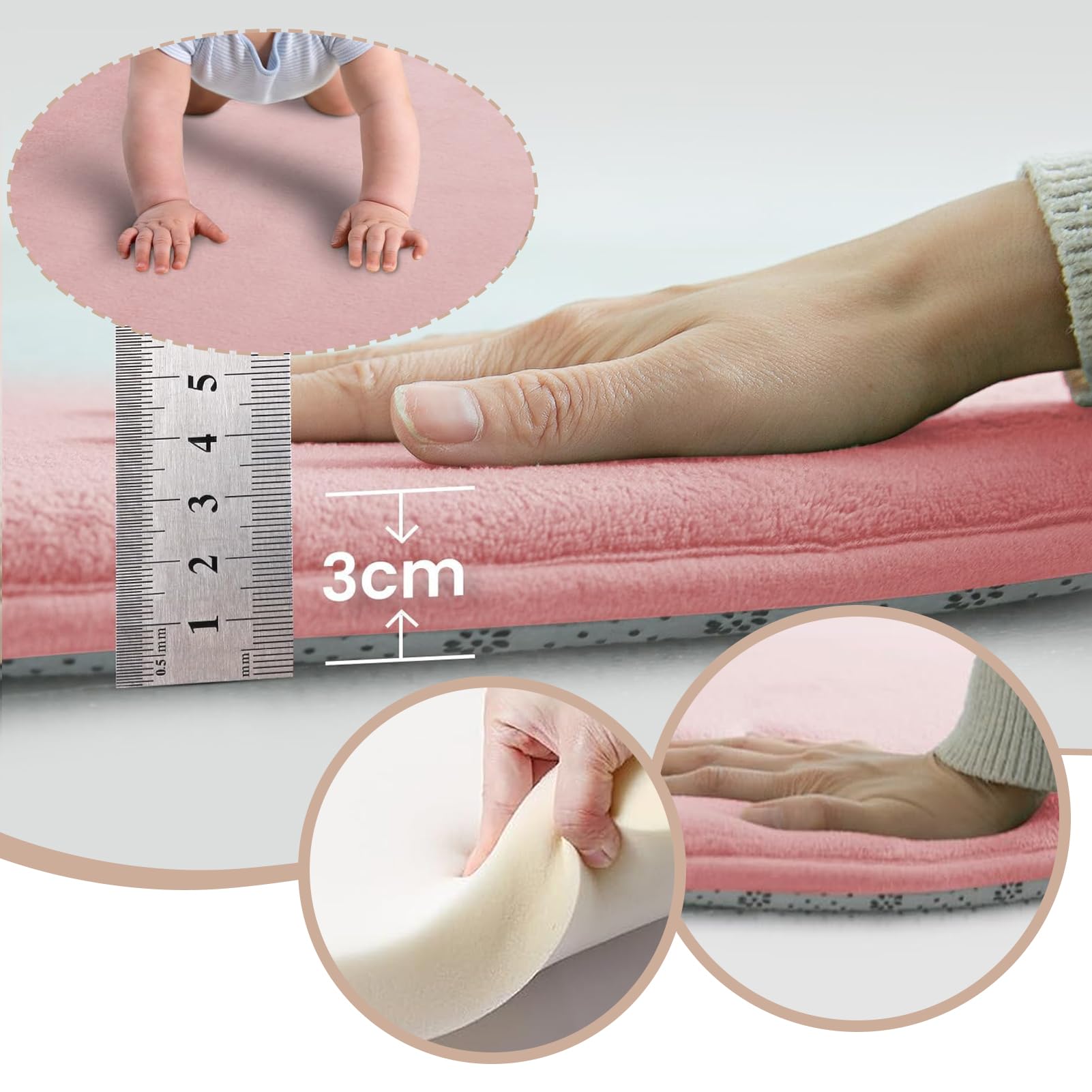 3CM Dicker Spielteppich Krabbelmatte Baby Spielmatte, Teppich Kinderzimmer mit Memory-Schaum Rutschfester Entwurf für Kinderzimmer und Schlafzimmer 140 x 250 cm Rosa