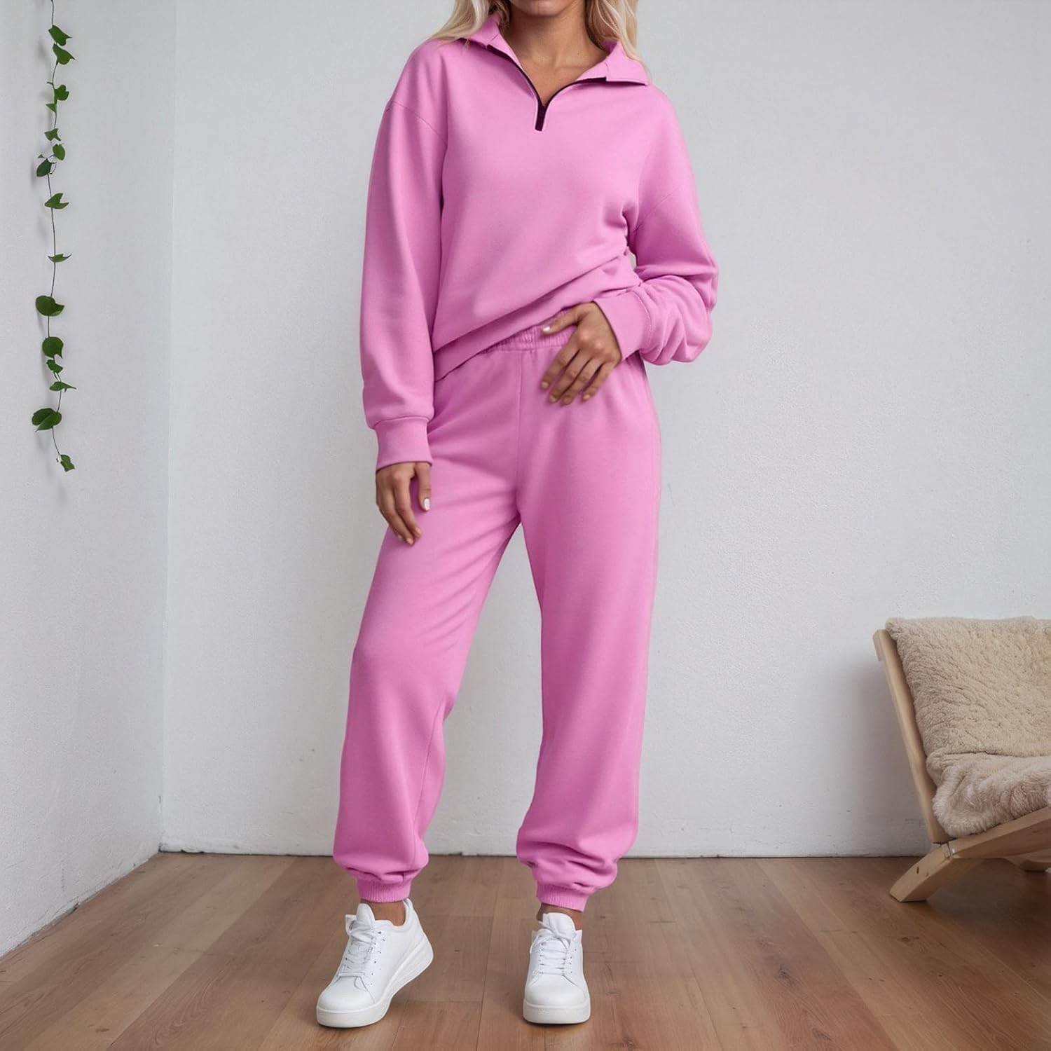 Women's Sweatsuits 2 Piece Outfits Long Sleeve Trendy Half Zip Pullover and Baggy Sweatpants Set with Pockets Tracksuit - Image 2