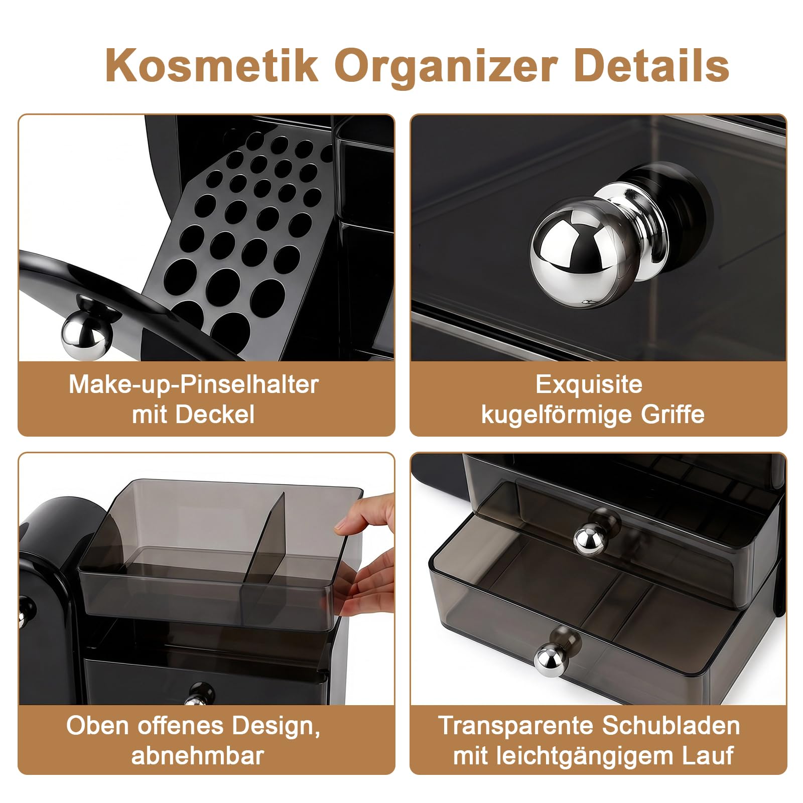 ERWEY Make Up Kosmetik Organizer mit Schubladen, Große Schminktisch Organizer Pinsel Aufbewahrung, Kosmetik Aufbewahrungsbox für Kommode Schminktisch Badezimmer (Schwarz)