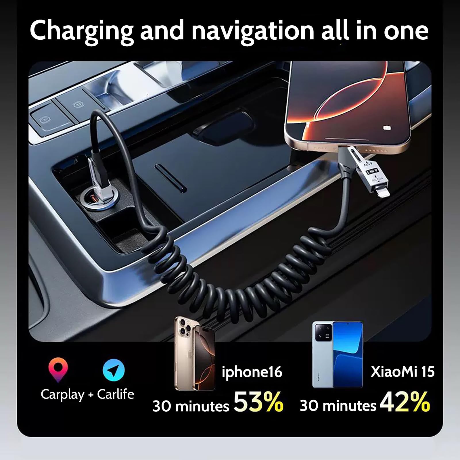 Chowany kabel do szybkiego ładowania 4 w 1, 65 W, 2 m, USB-C na L/USB-C/USB-A, kabel do wielu urządzeń iPhone 15/14/13, iPad, Samsung, MacBook, laptop, samochód, tablet (2)