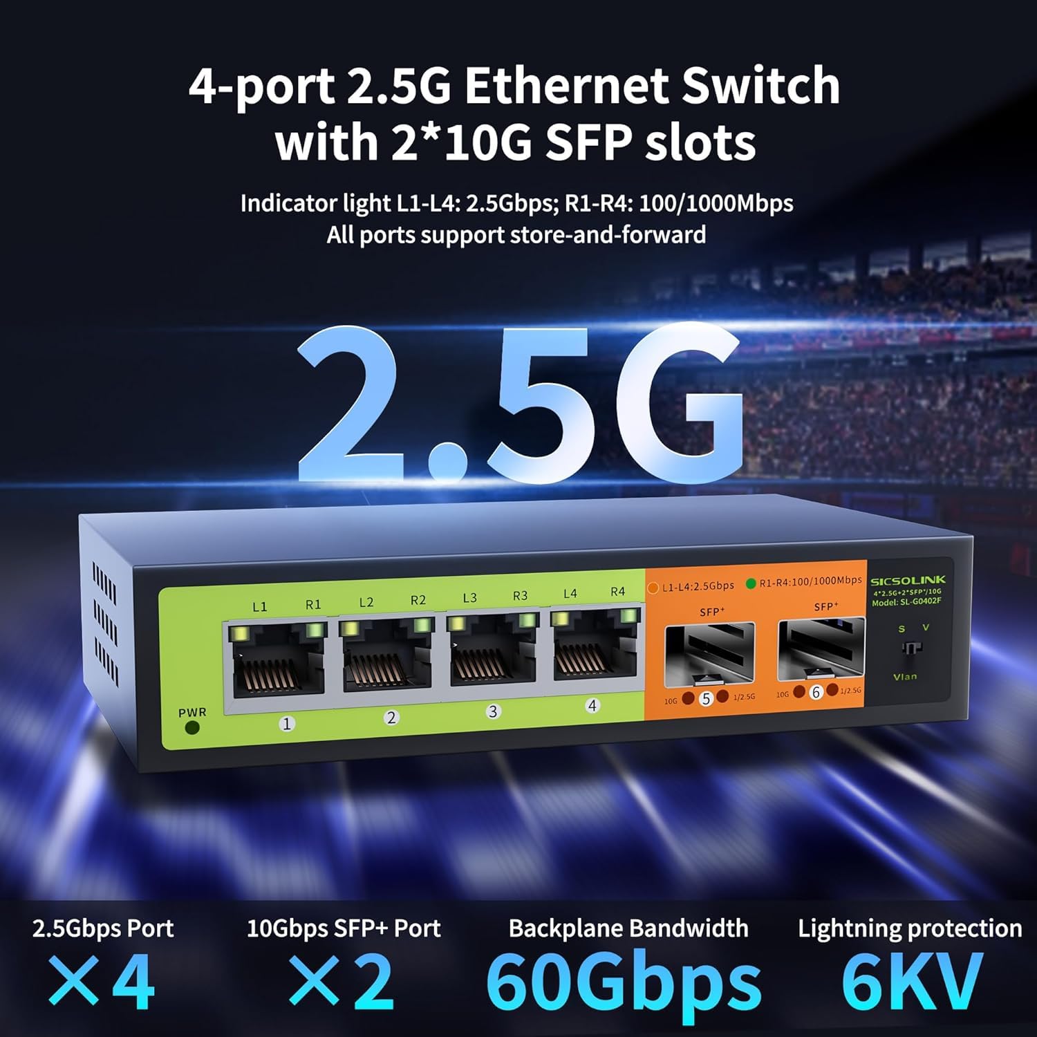 Commutateur Réseau 6 Ports 2.5Gb, 4X RJ45 2.5G, 2X SFP+ 10G, Multigigabit, Non Géré, Boîtier en Métal, Bande passante 60G, sans Ventilateur, Compatible avec NAS 2.5gbe, PC, AP