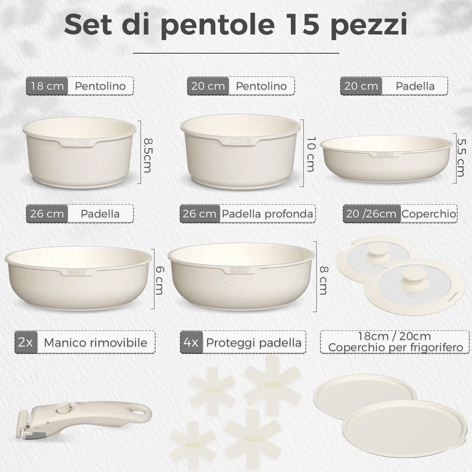 YASHE Set da cucina 15 pezzi, pentole e padelle con rivestimento antiaderente in granito, manici rimovibili, impilabili, facili da pulire, compatibili con induzione, gas e vetroceramica