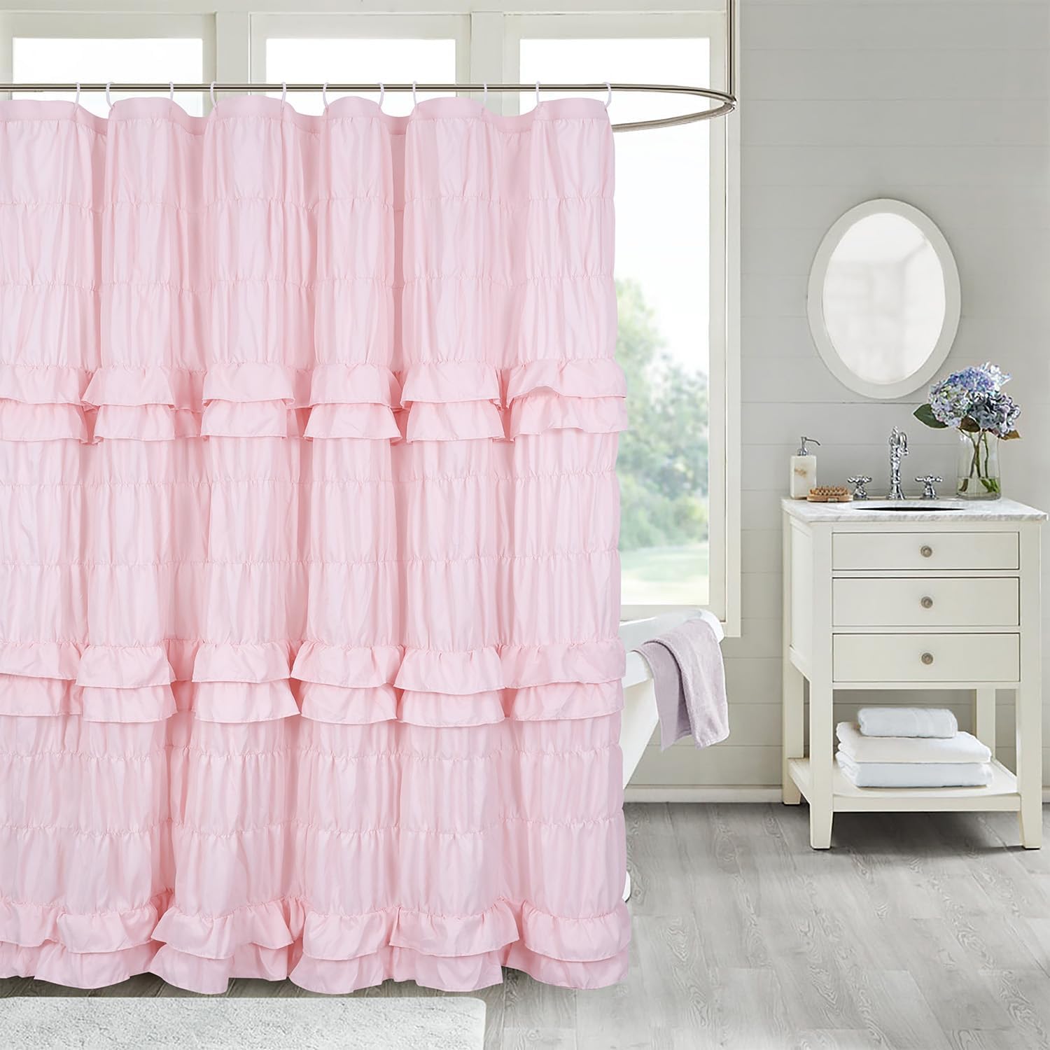 Pink Ruffle Shower Curtain, Shabby Chic Vintage Bathroom Curtains Victorian Girly Cute Aesthetic Boho Farmhouse French Country Lace Decor 72x72 inches