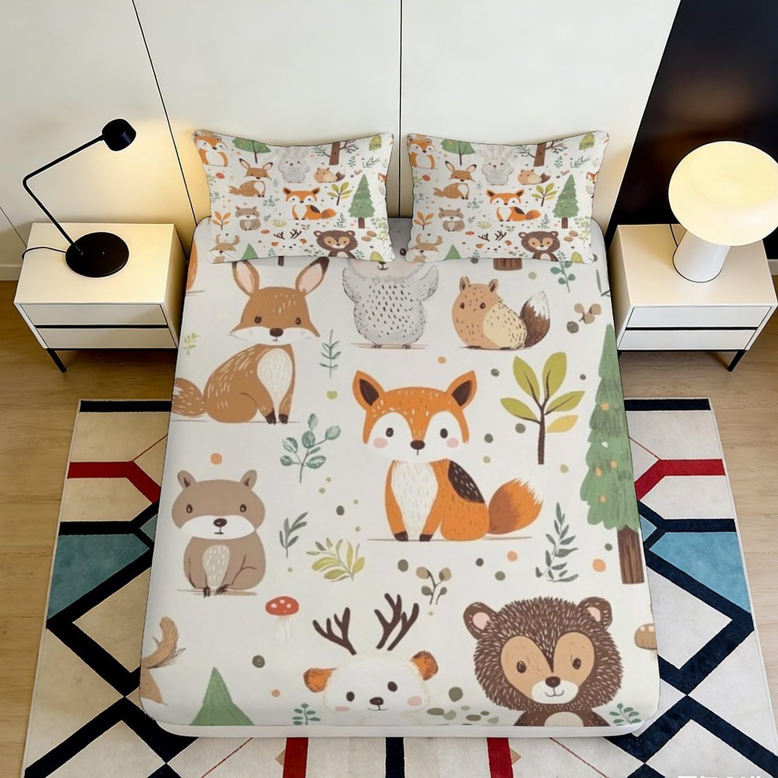 3D Printed Forest Animals Fitted Sheet Microfiber Soft Breathable Woodland Creatures Mattress Cover for Bedroom Guest Room Decor 180x200x25cm