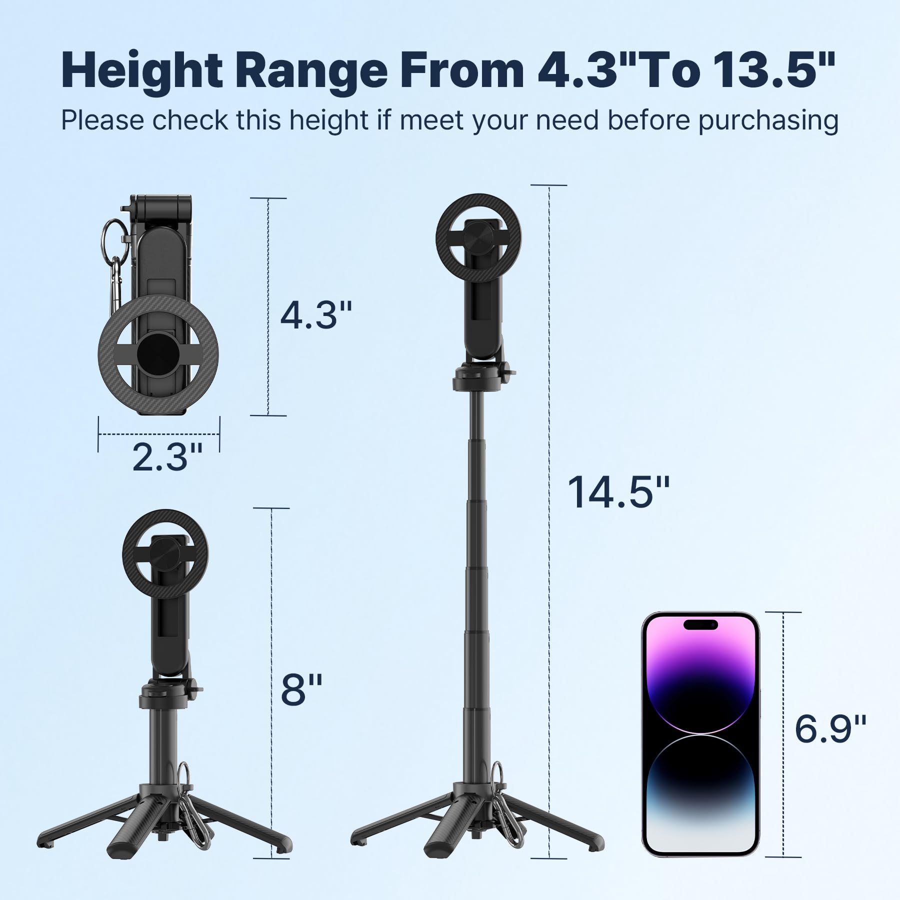 Bastone per selfie magnetico tascabile per iPhone, leggero mini selfie stick treppiede con telecomando staccabile, compatibile con MagSafe, supporto per telefono estensibile pieghevole per viaggi/vlog