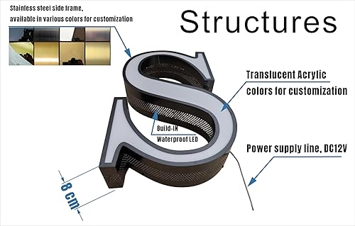 Miniatura 8 de Letras grandes iluminadas para exteriores, letras de canal de 10 a 20 pulgadas de alto, letreros de negocios iluminados de acero inoxidable para
