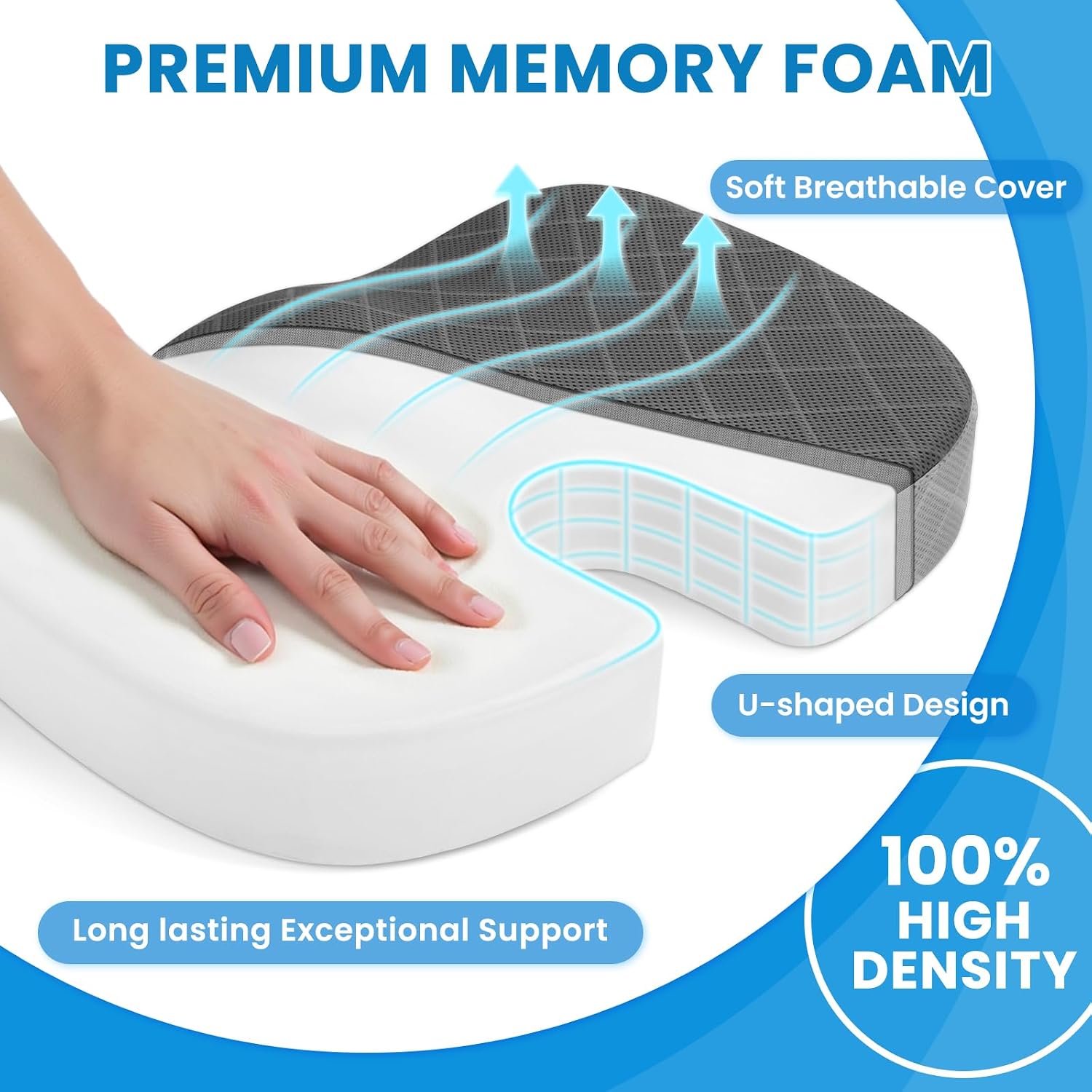 TushGuard Office/Car Seat Cushion, Non-Slip Sciatica & Back Coccyx Tailbone Pain Relief Chair Pad, Memory Foam Butt Pillow for Computer Desk, Wheelchair, Driving (Black&Grey) thumbnail