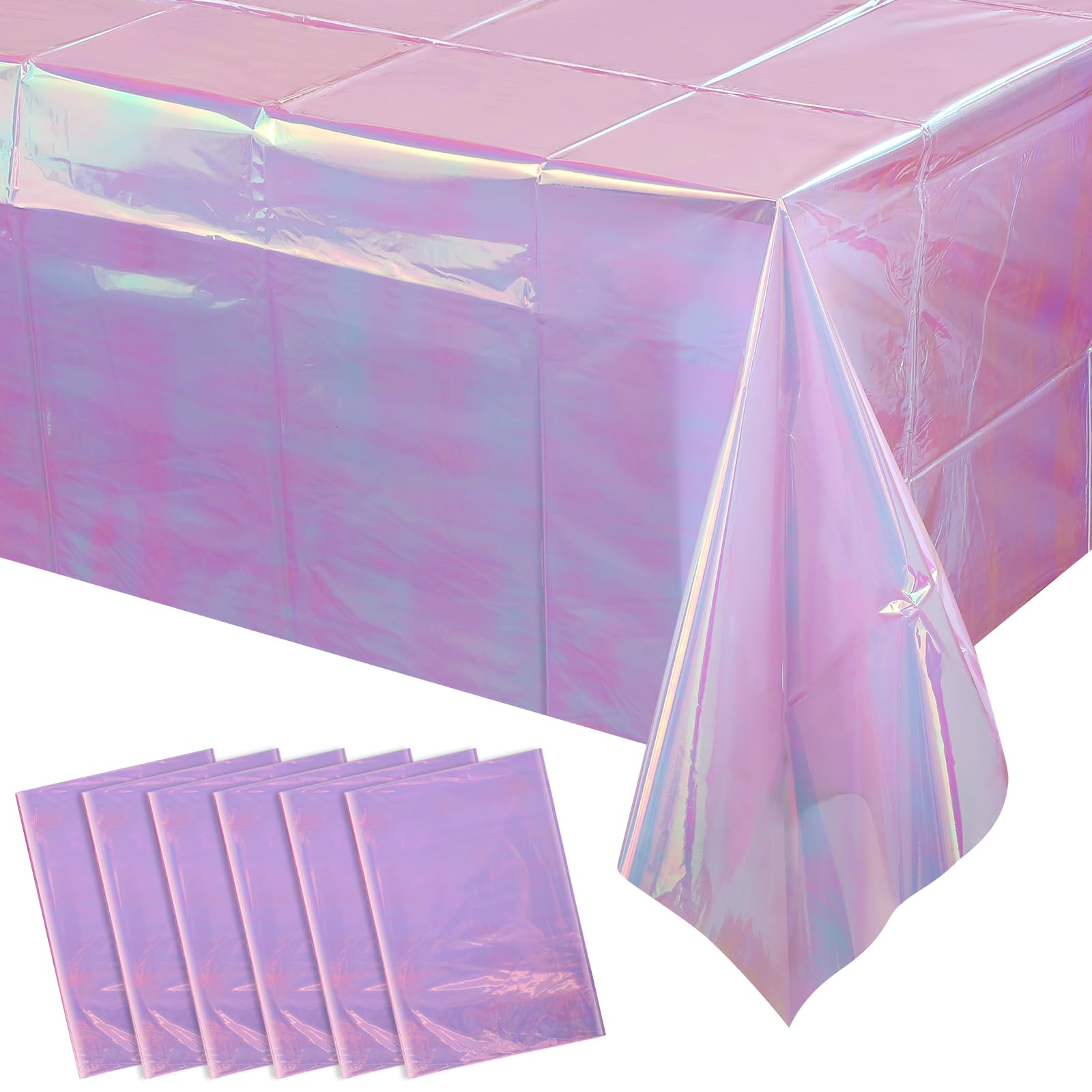 6 Pack Light Purple Plastic Tablecloths for Rectangle Tables, Shiny Disposable Laser Rectangle Table Covers Holographic Foil Tablecloth Iridescent Party Decoration Birthday Bridal Wedding, 39x108 Inch