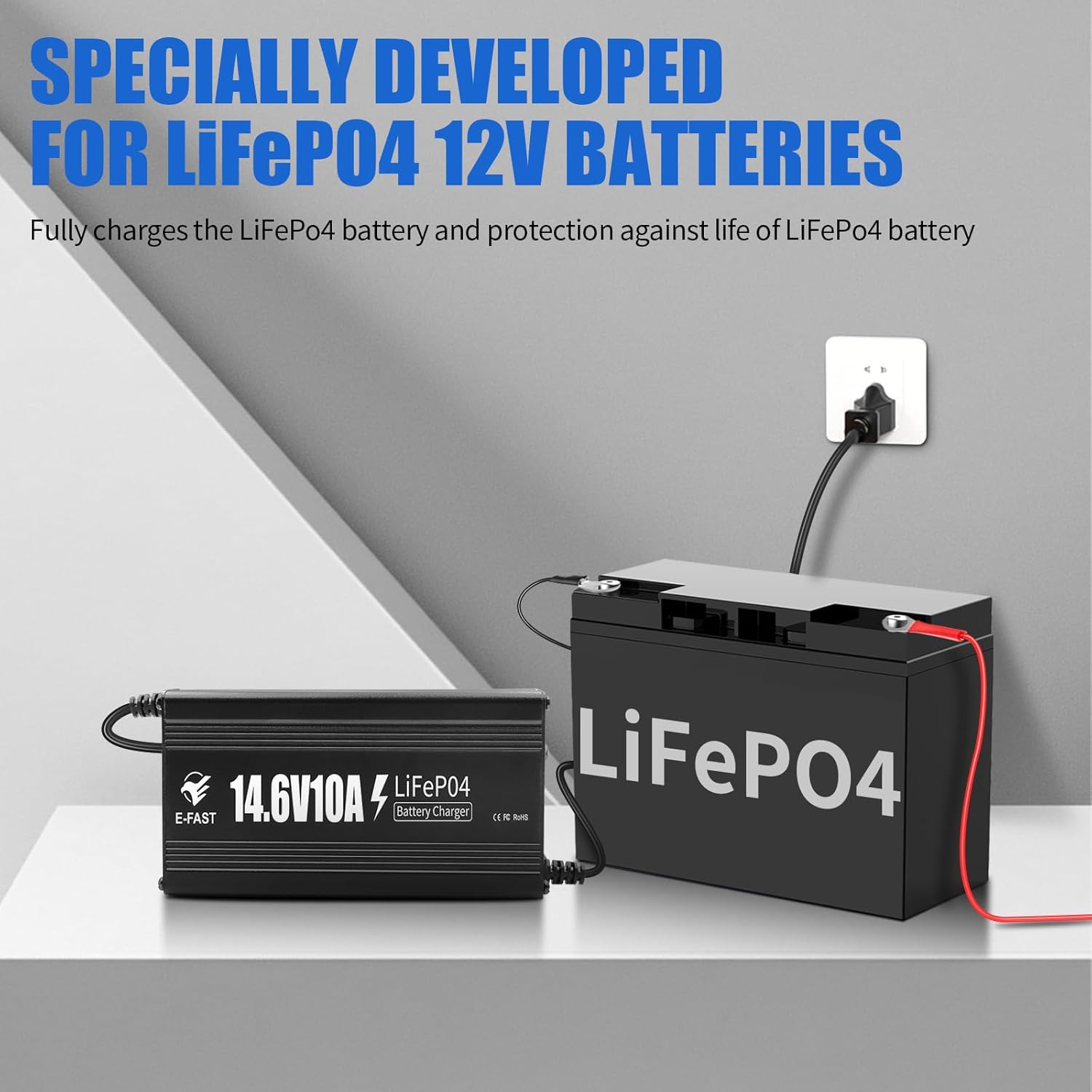 E-FAST LiFePO4 battery charger connected to a 12V LiFePO4 battery and wall outlet.