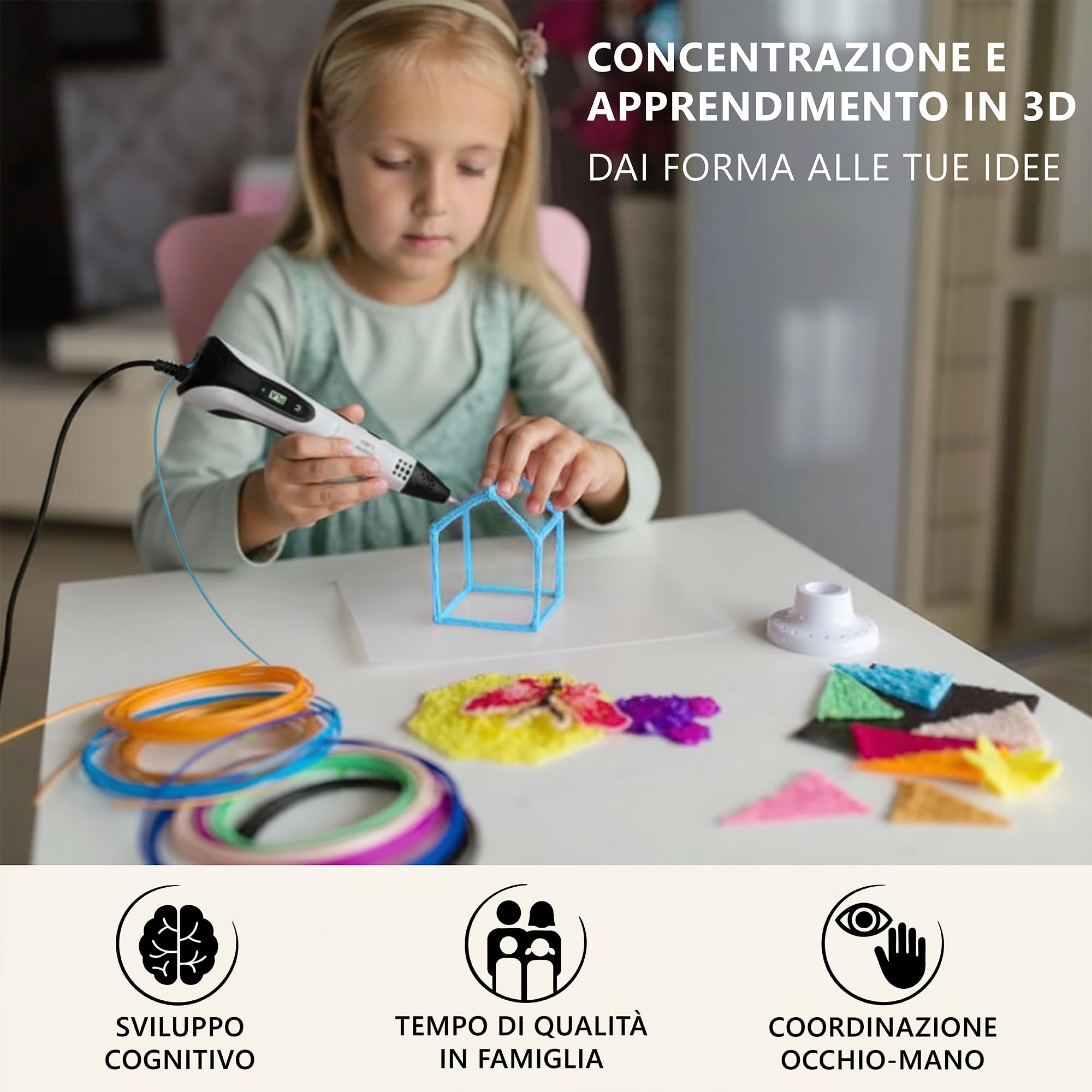 Penna 3D Inspire Labs, Creatività e Divertimento per Bambini e Adulti con Spegnimento Sicuro, Base in Silicone, Modalità Automatica/Manuale, 100 M Filamento PLA (20 Colori) + Guida in Italiana