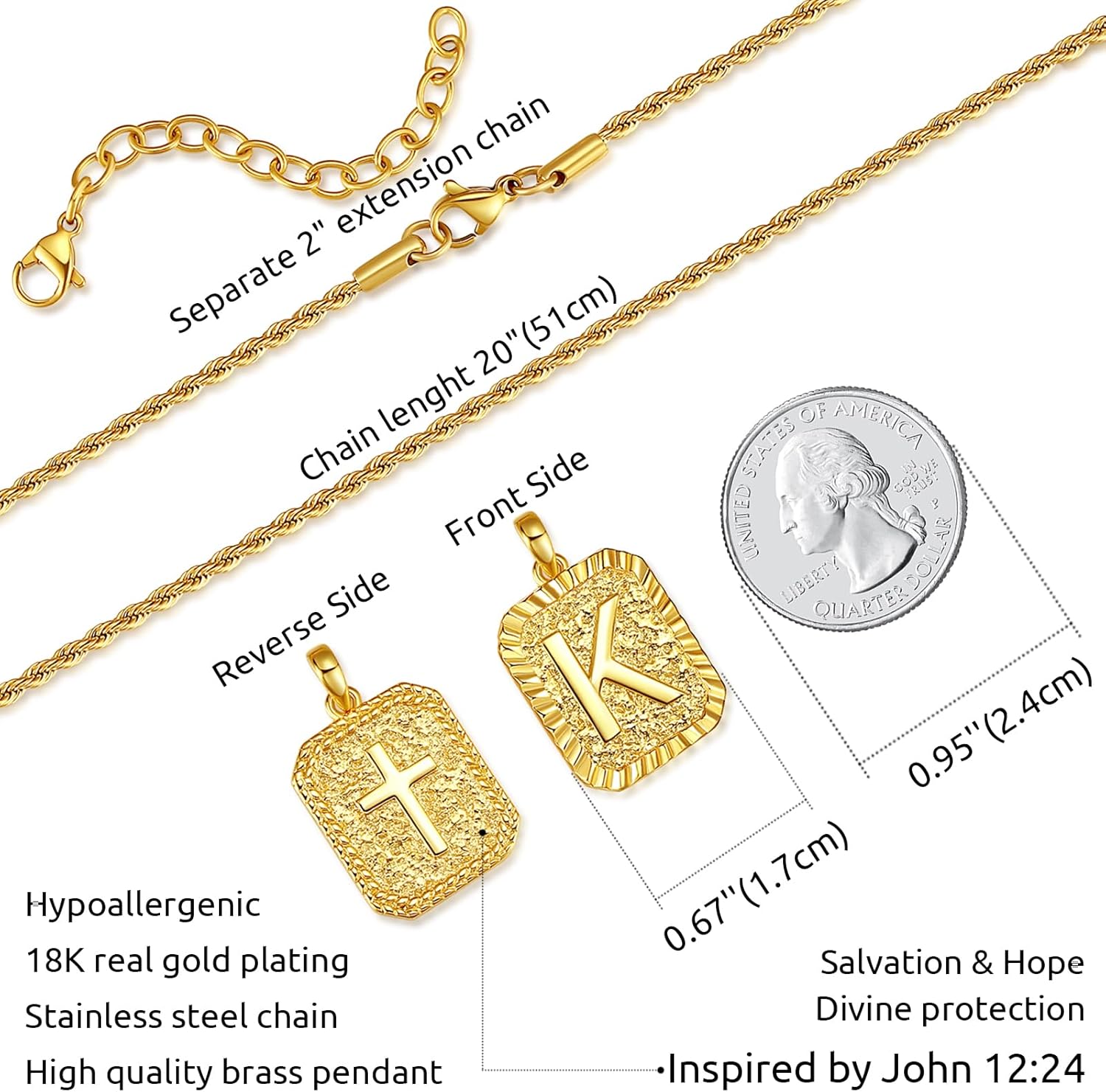 ASUWISH Gold Initial Necklaces for Men and Women, 18K Gold Plated Letter A-Z Cross Pendant with Adjustable Rope Chain, Letter Necklace for Women and Men - Image 5