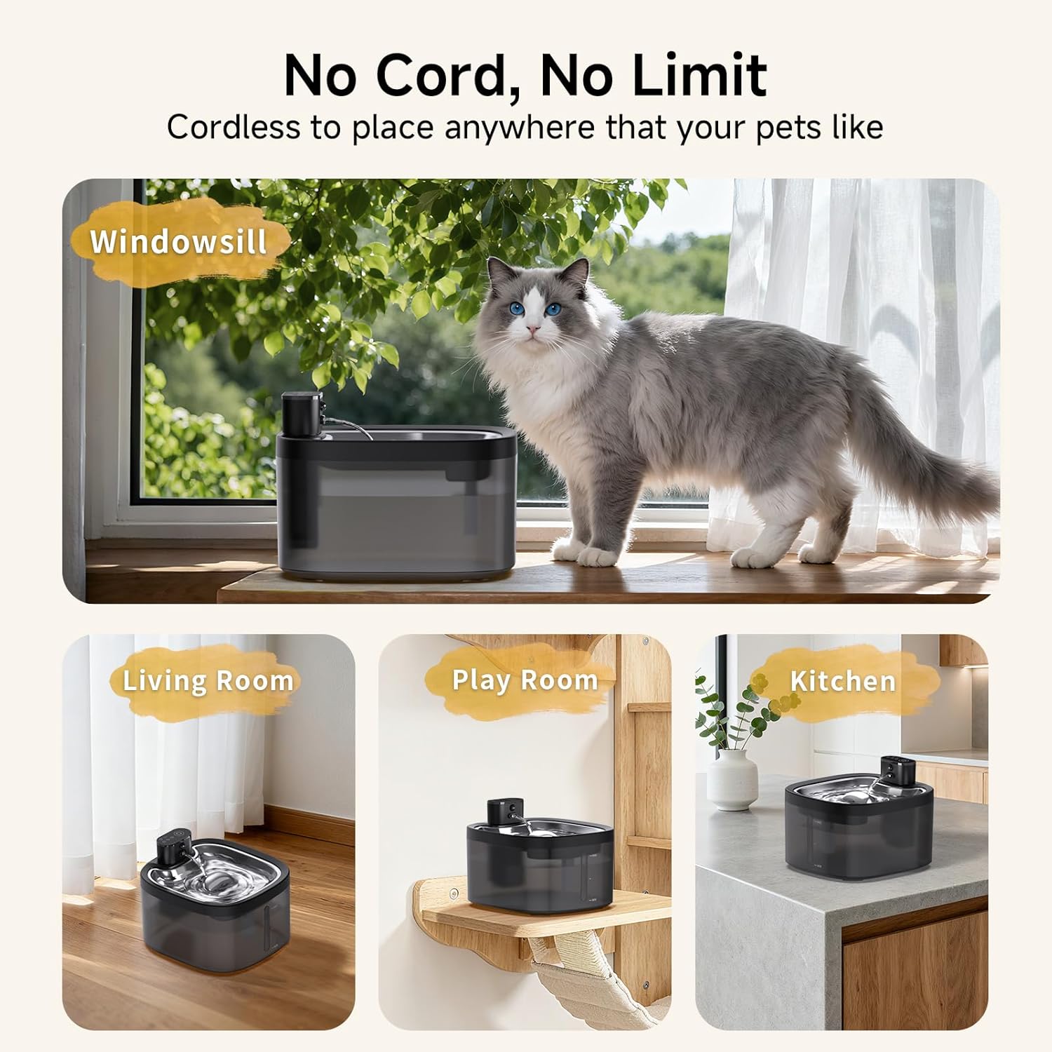 Cat Water Fountain Cordless: Battery Operated 118oz/3.5L Pet Water Fountain for Cats Indoor with Motion Sensor, Wireless Cat Drinking Fountains with Stainless Steel Tray, Rechargeable (2Filters) - Image 2