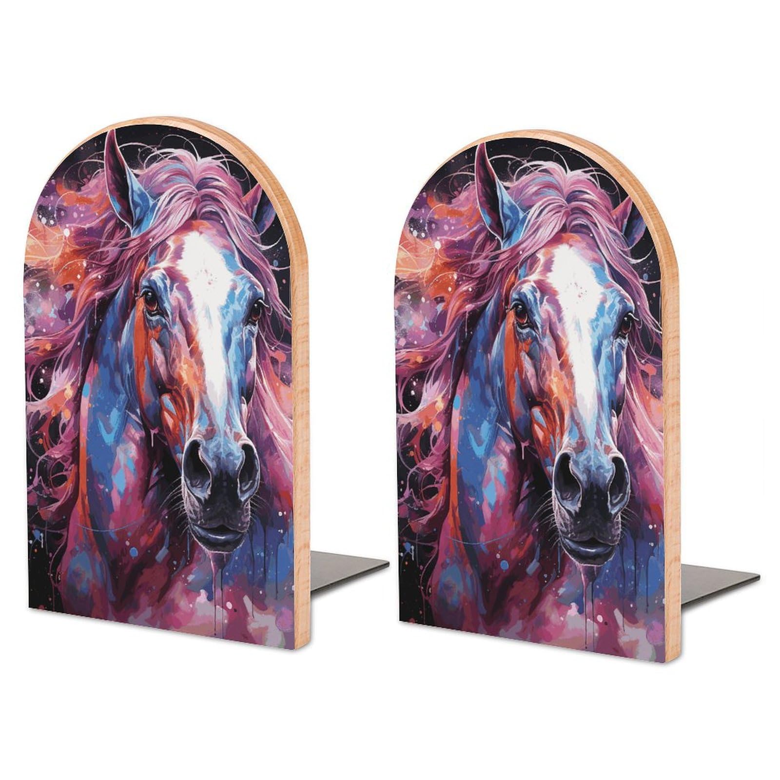 Serre-livres grand format motif cheval en bois de hêtre et métal robuste