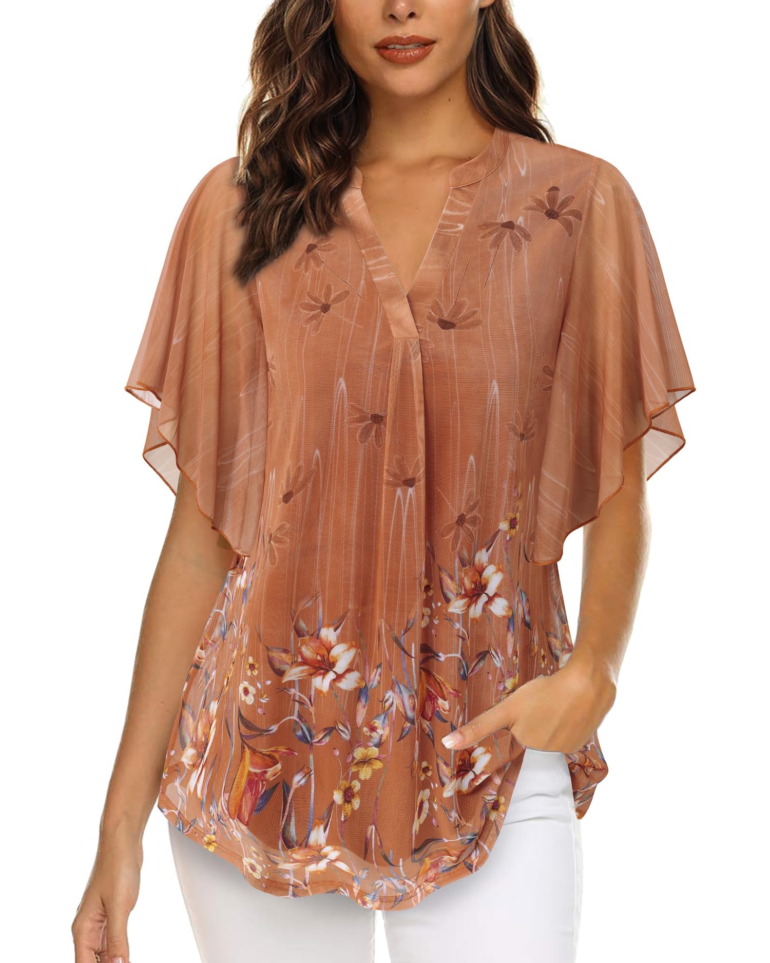 Vafoly Chemisier d'été élégant à manches courtes, col en V, en maille, motif floral, double couche