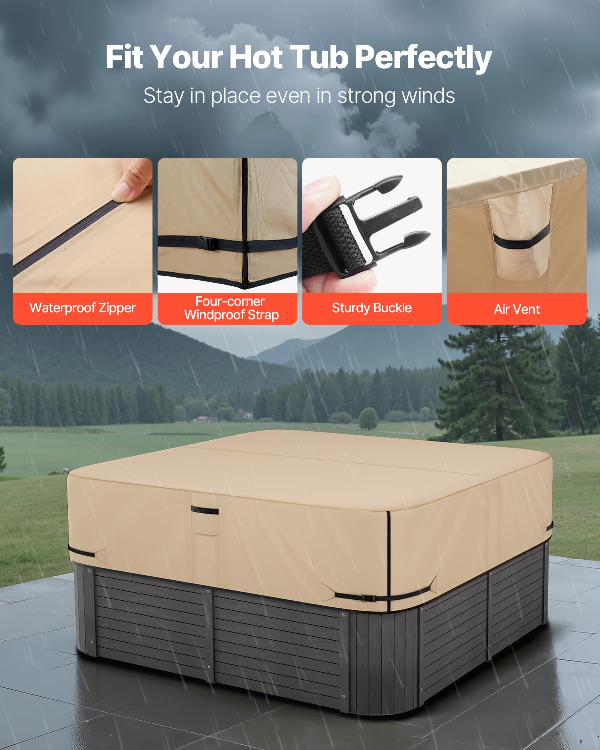 VEVOR Housse de Protection pour Spa extérieur, 2285 x 2285 x 508 mm, Couverture pour Spa, résistante aux intempéries et à l'eau, Tissu Oxford 600D Robuste et résistance à la déchirure 950N, Marron
