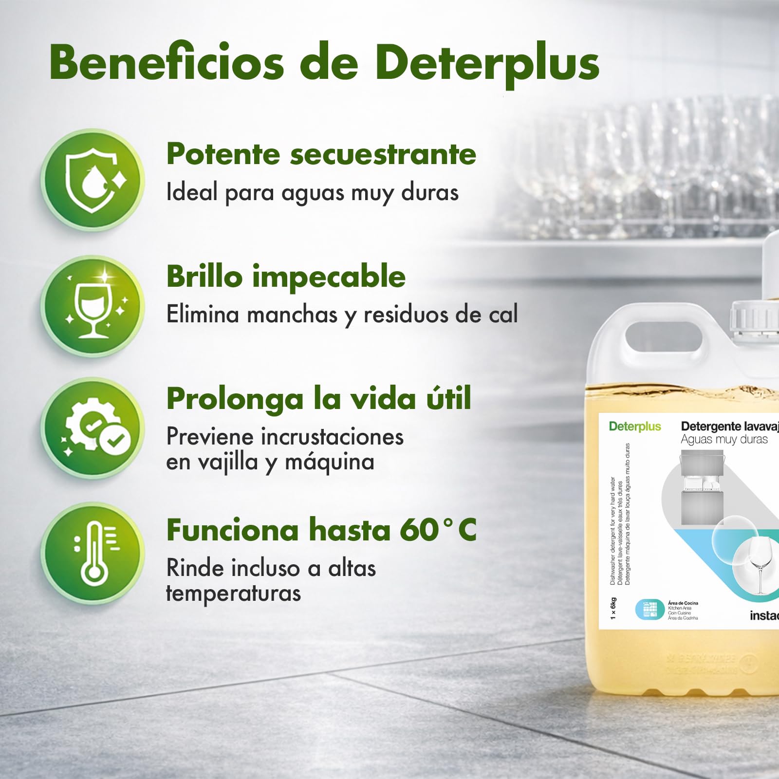Detergente Lavavajillas Profesional 6L – INSTAQUIM Deterplus | Para Aguas Muy Duras hasta 65 ºHF | Alto Poder Antical para Vajilla y Cristalería