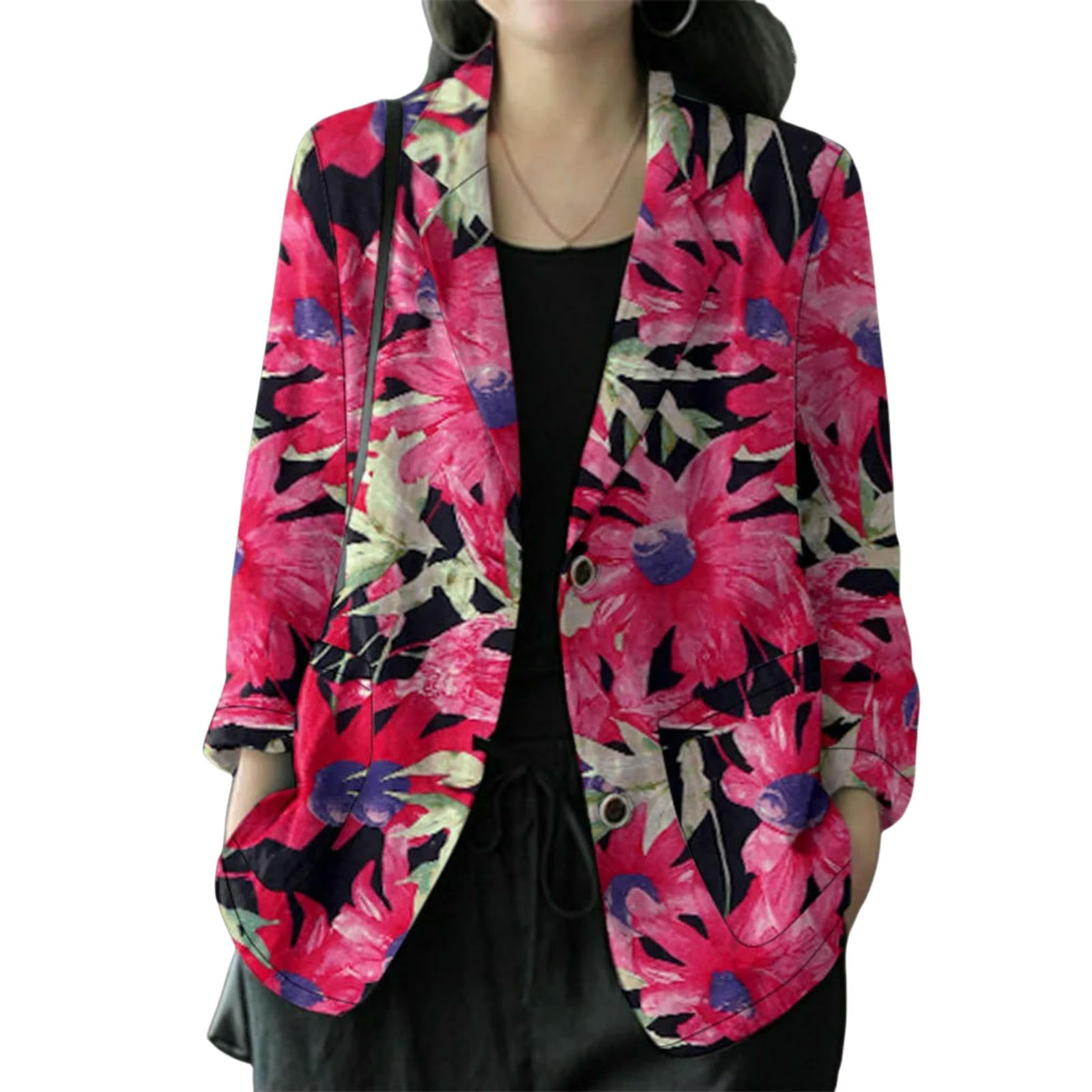 Strickjacke Damen Frauen Langen Hals Langarm Blazer Herbst Lässige Baumwolle Blazer Elegante Strickjacke Dünne Schichten Arbeit Anzüge-schwarz Blumen-m
