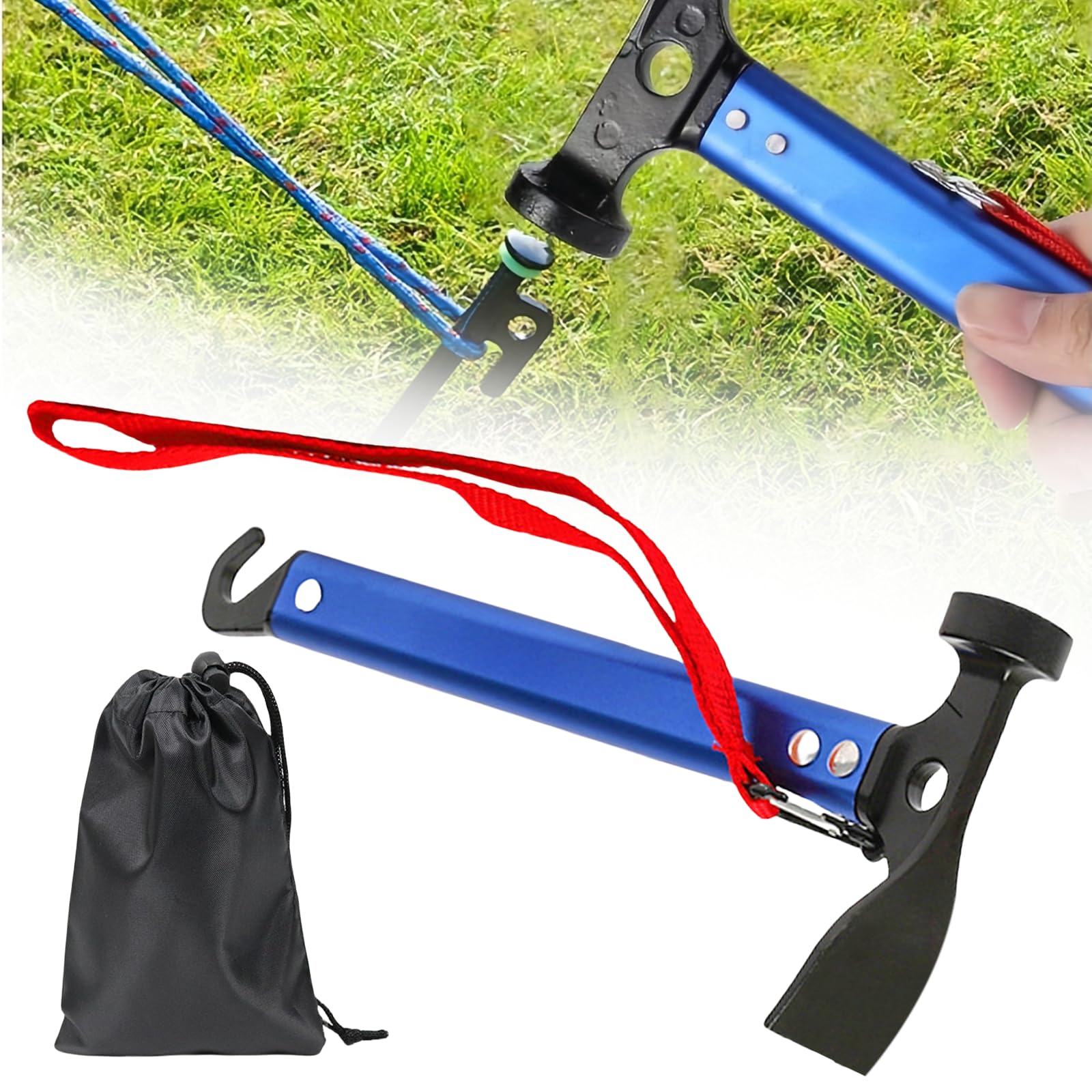 Marteau de camping, 30,5 cm, avec crochet et mini houe, marteau en aluminium, marteau de camping d'extérieur, multifonctionnel, avec sac de rangement, bleu