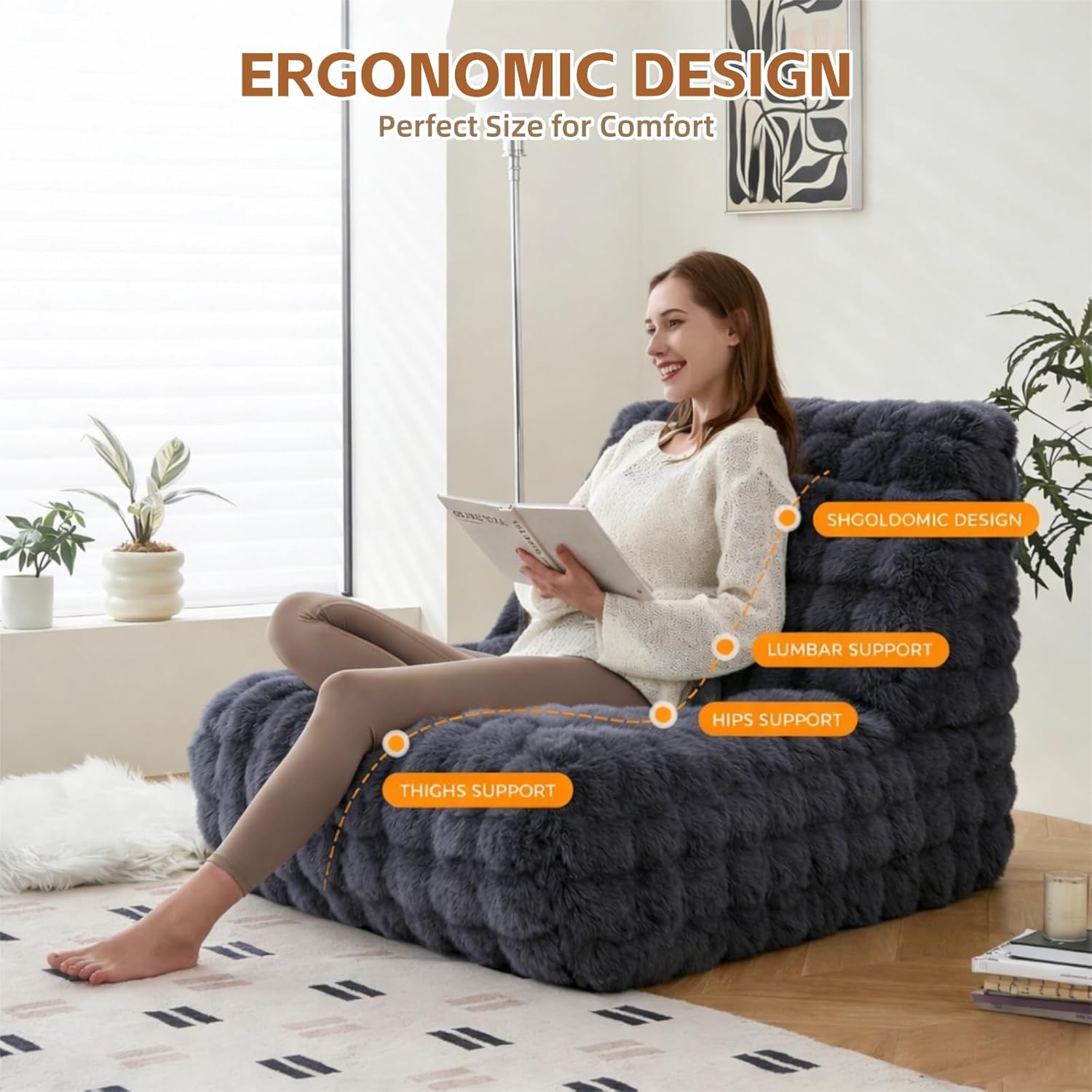 Bean Bag Chair with Memory Foam, Ultra Soft Faux Fur Bean Bag Couch, Living Room Floor Sofa Chair, Cozy Lazy Lounge Reading Chair for Bedroom, Living Room, Office and Home (Dark Grey)