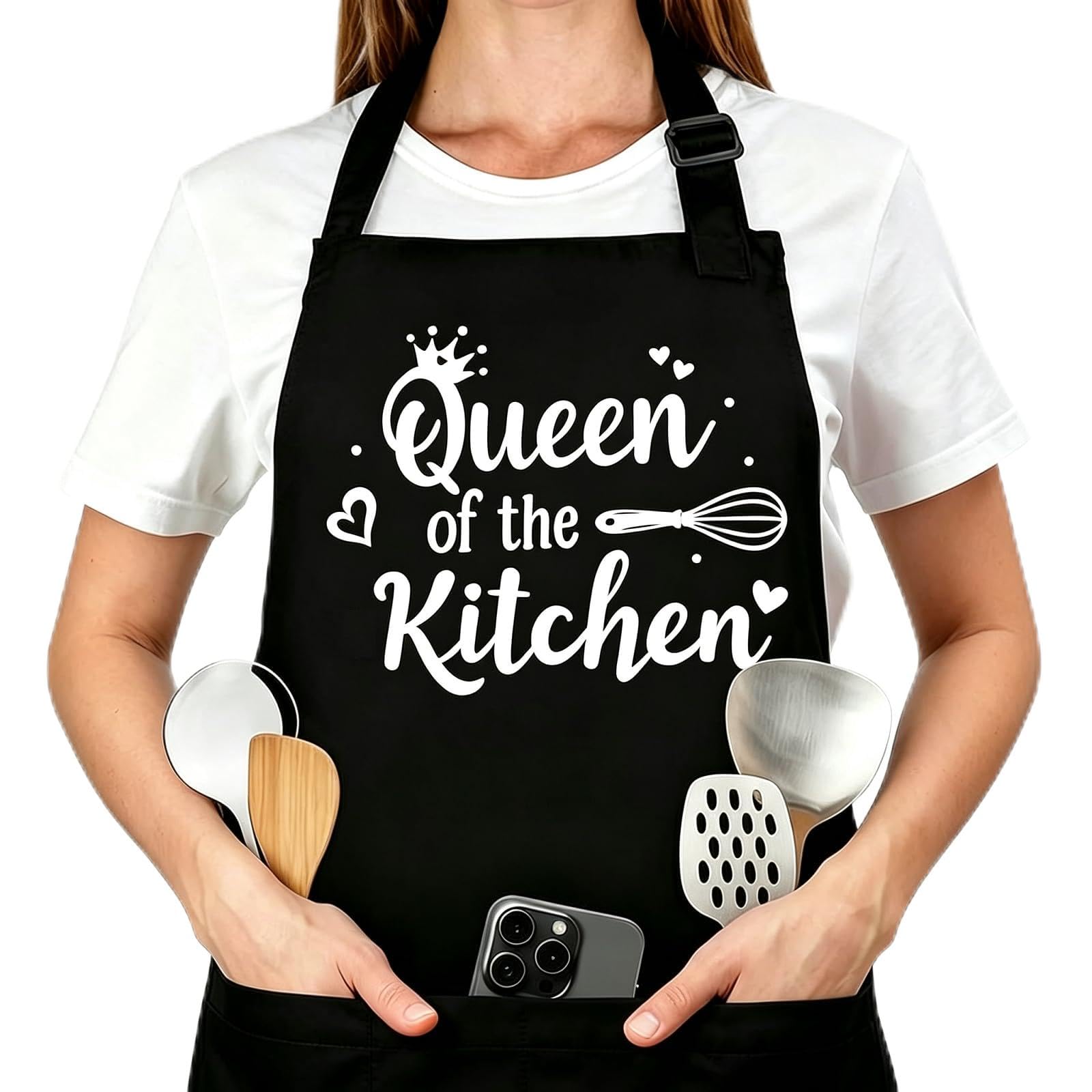 Belillpipi Adjustable Cooking Aprons for Women - Funny Black BBQ Chef Aprons with 3 Pocket, Waterproof Aprons Kitchen Gifts for Women, Kitchen Apron Grilling Apron (Queen of the kitchen)