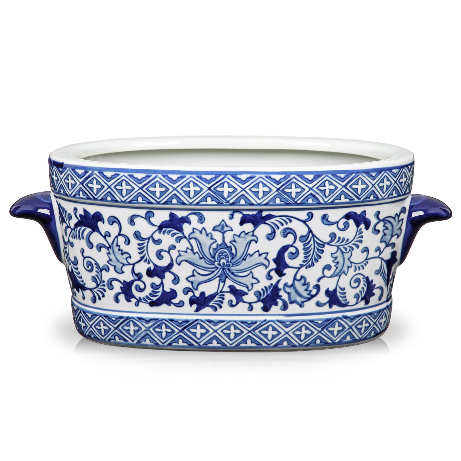 Briful 10.6" Large Blue and White Ceramic Pot - Vintage Planter Floral Oval Cachepot Vase for Indoor Plants, Flowers & Succulents - Glazed Chinese Porcelain Style Decorative Plant Pot - No Drainage