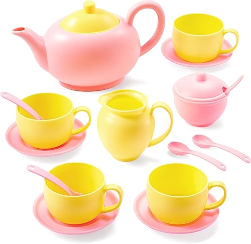 JOYIN Juego de 18 piezas de fiesta de té de simulación, juego de té de plástico rosa, mini cocina para niños, regalos para niños pequeños, regalo
