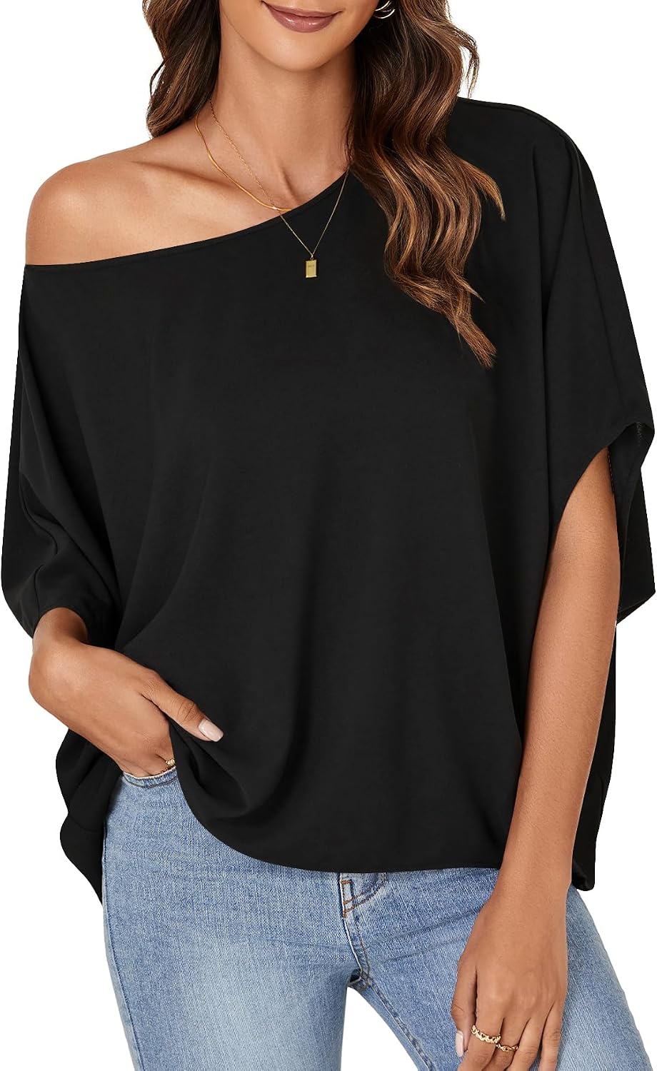 LYANER Women's Off Shoulder Tops Oversized Batwing Sleeve Loose Blouses Casual Tunic Shirt