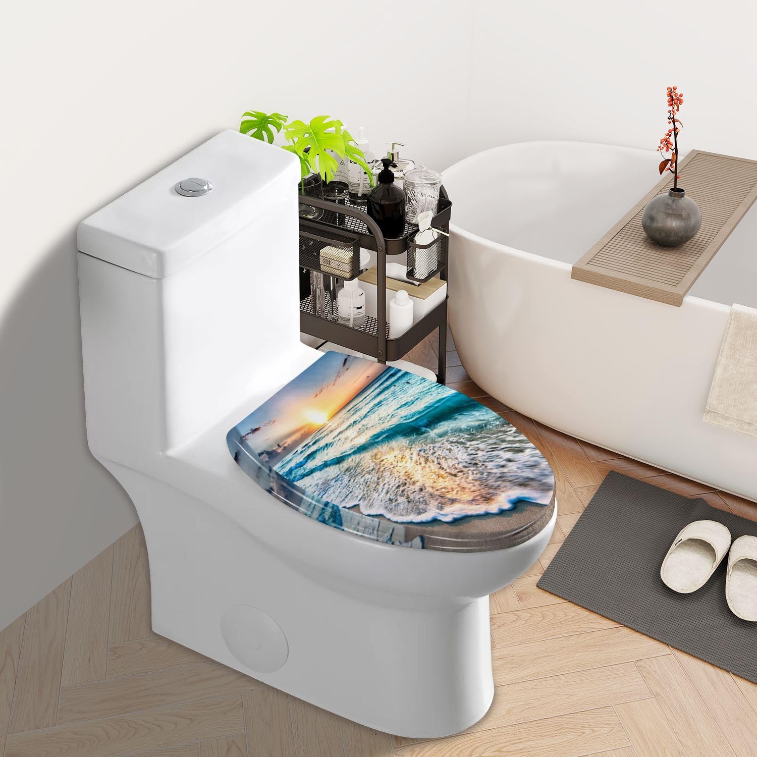 Elongated Toilet Seat Sunrise beach Cancun Resin Toilet Seat Slow Quiet Close with Quick-Release Hinges Toilet Seat with Cover Easy to Clean Install