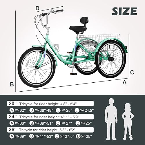 Vista 100 de H&ZT Triciclo para adultos, bicicleta de 3 ruedas, triciclo crucero, con engranaje de 7 velocidades, mango de freno de estacionamiento, escalón
