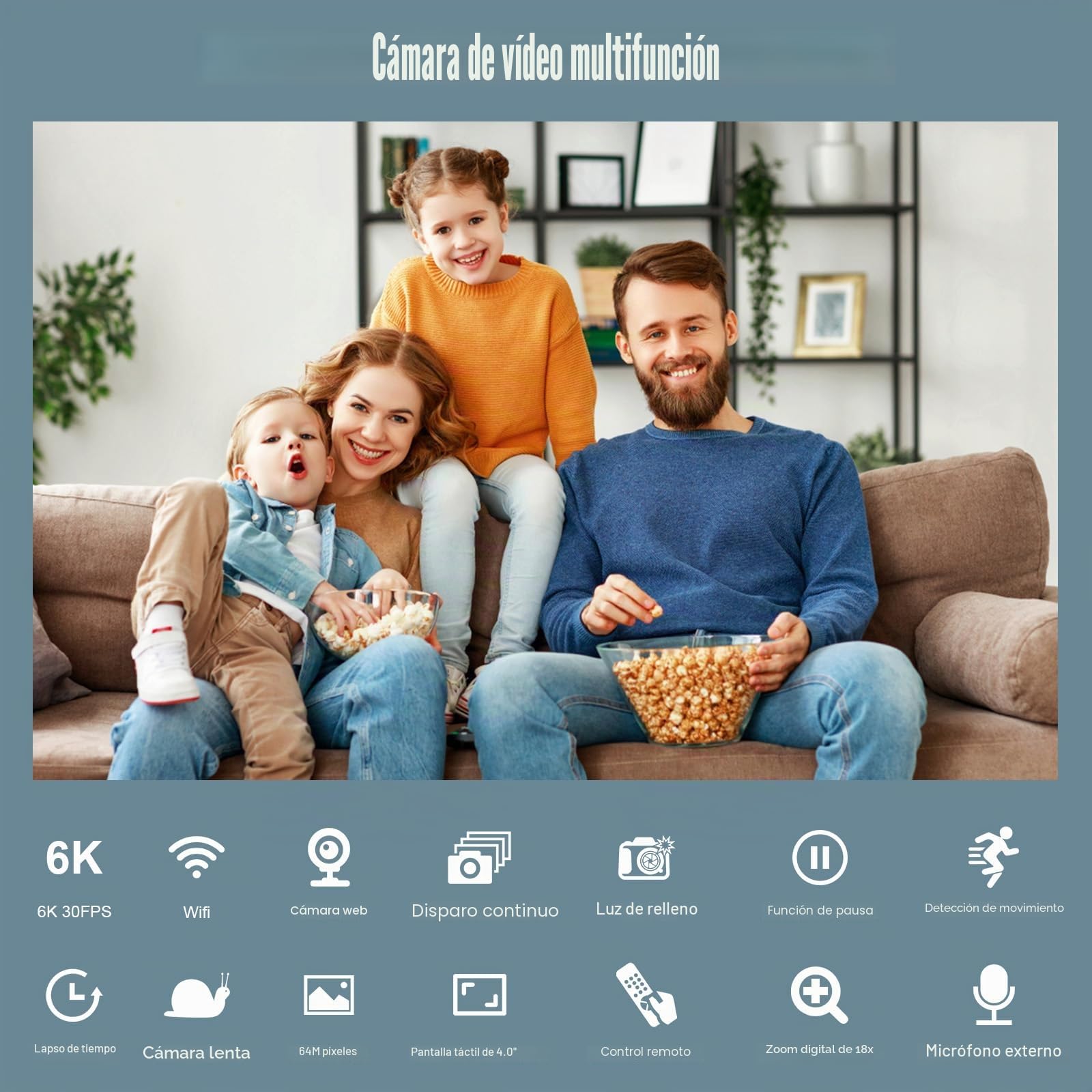 Videocámara 6K con 64MP, zoom digital 18X, visión nocturna IR, pantalla táctil de 4,0 pulgadas, WiFi, batería de 4500 mAh, tarjeta SD de 64 GB, estabilizador y mando a distancia