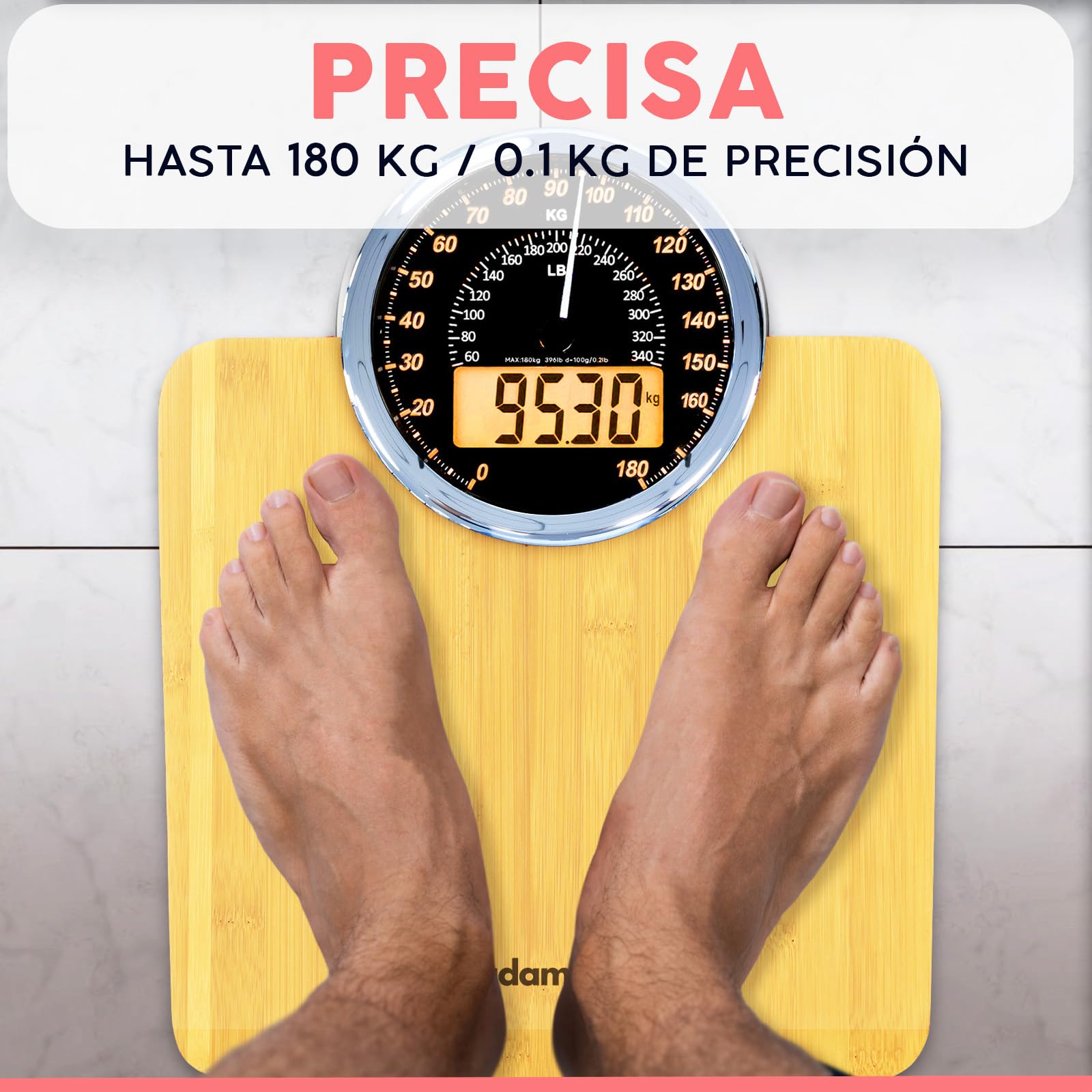Hybrid Báscula de Baño - Analógica & Digital, Precisa hasta 180 kg | Vea su peso en el cuadrante analógico y LCD a la vez. Plataforma ancha, 3 pilas AAA incluidas, lista para usar.