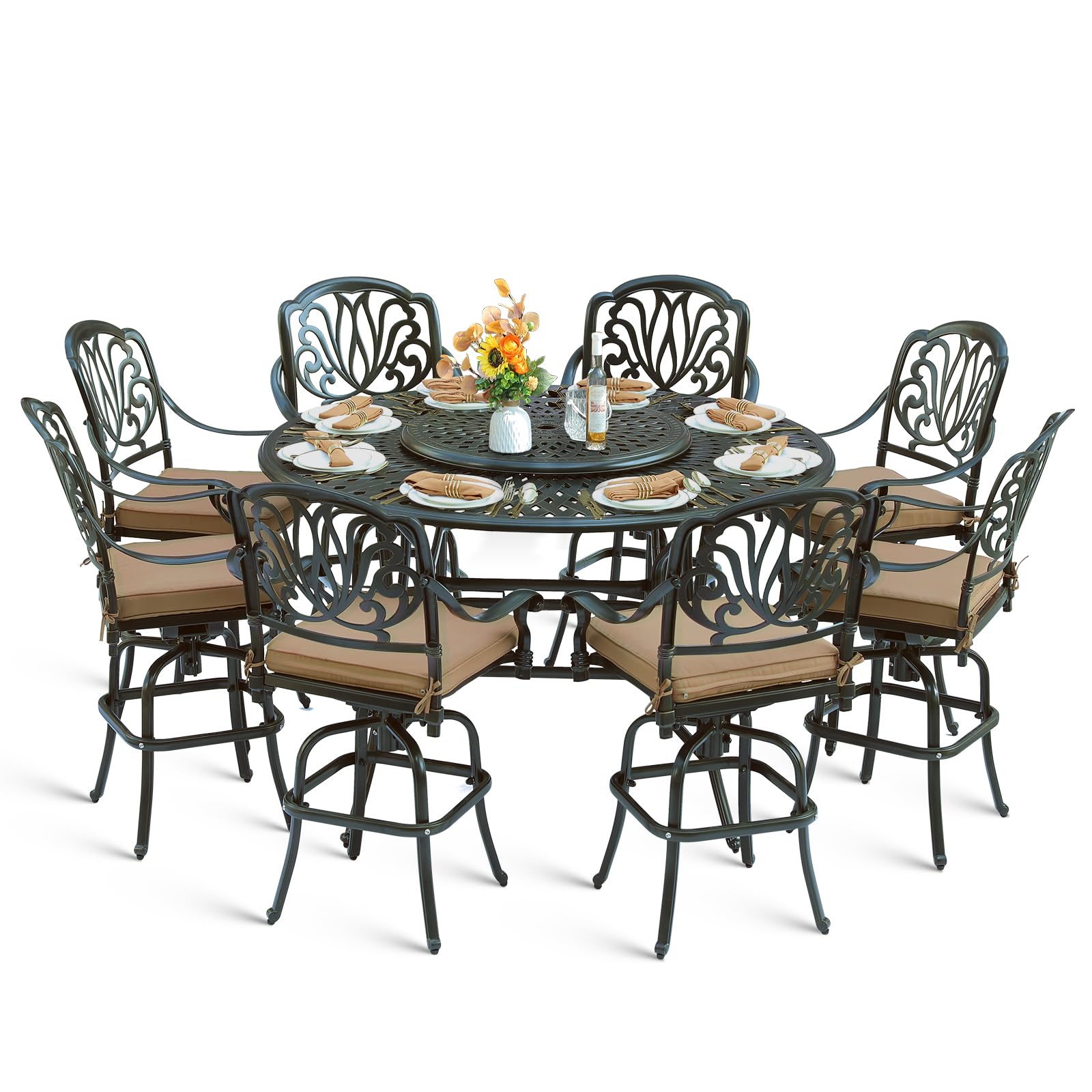 MEETWARM 10-Piece Outdoor Bar Set, All Weather Cast Aluminum Patio Bar Furniture with 8 Cushioned Swivel Bar Stools, Large 61" Round Patio Bar Height Table with Detachable Lazy Susan, Umbrella Hole