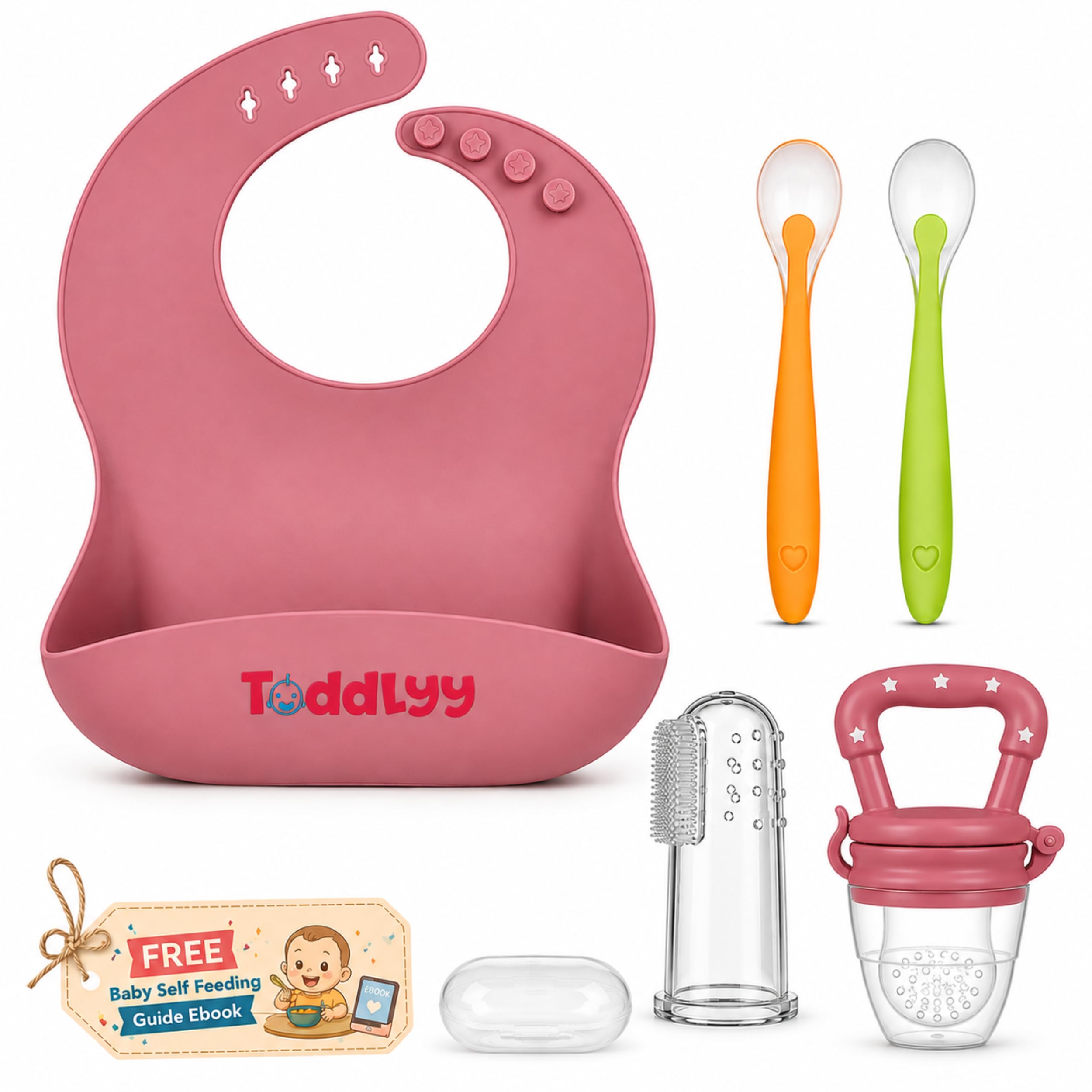 Silicone Baby Bib for Self Feeding 6+ Month Adjustable & Food Catcher Pocket | 5 Pcs Set 1 Bib 2 Soft Tip Spoons, 1 Fruit Feeder 1 Finger Brush | Waterproof, BPA Free | E-Book-image-38