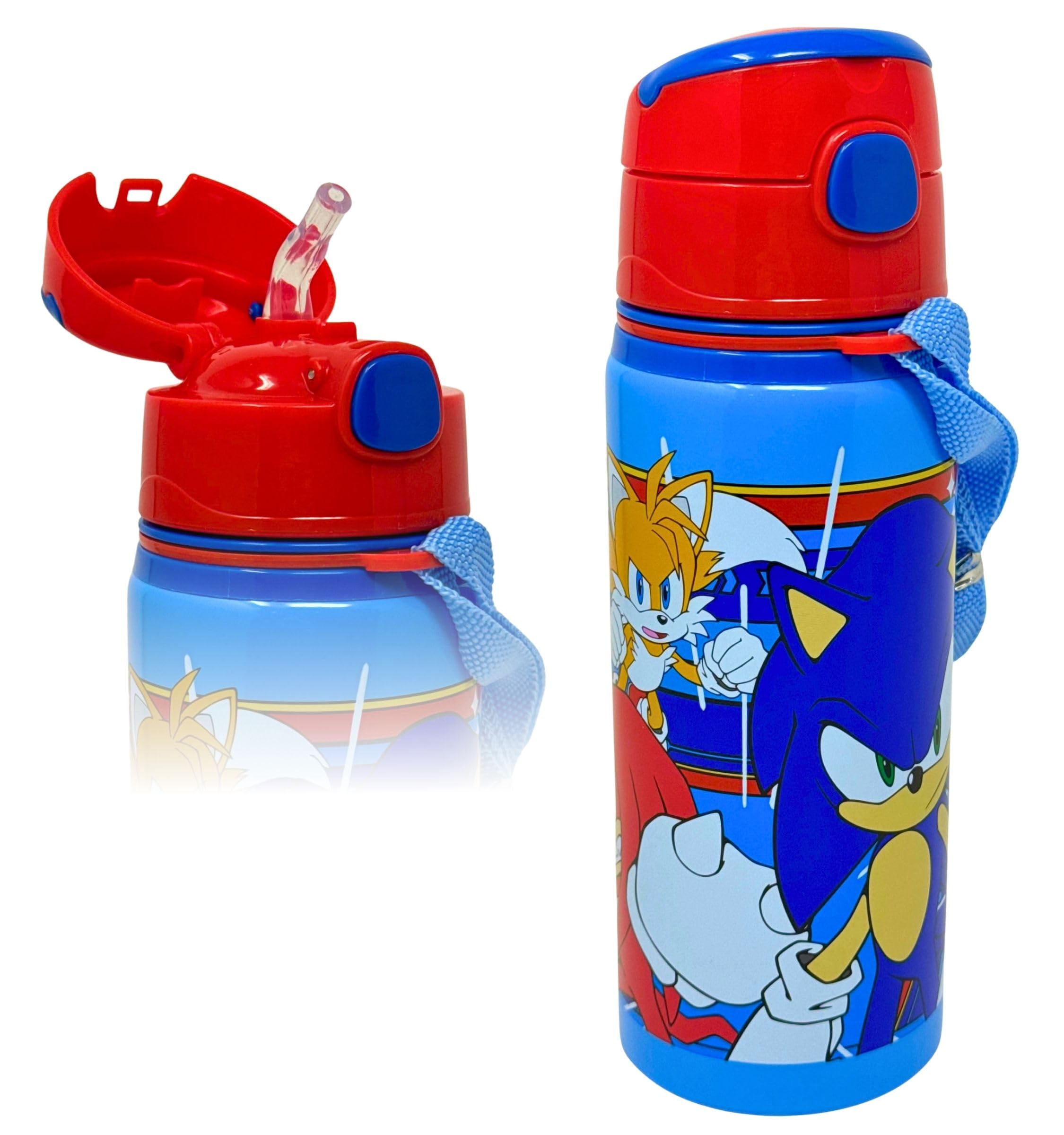 Aluminium Trinkflasche Jungen 600ml (3-10 Jahre) für Sonic Fan – Auslaufsichere Wasserflasche mit Strohhalm, Tragegurt & Namensschild – Für Kindergarten & Schule Spielzeug