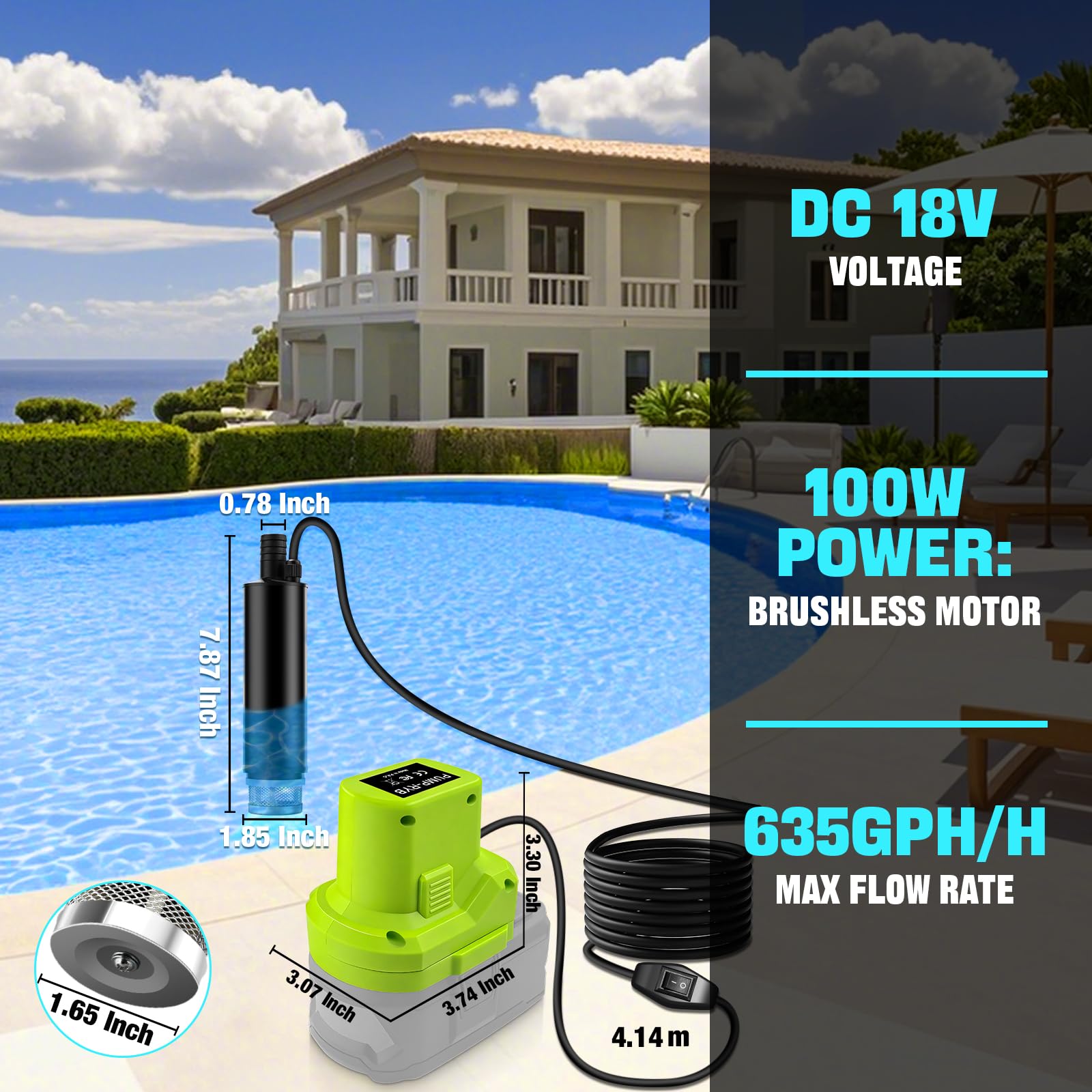 Pompe submersible 635GPH pour batterie Ryobi 18 V, pompe à eau sans fil avec filtre à sédiments, pompe de transfert 100 W, pompe à eaux chargées à haut débit pour piscine, jardin, baignoire