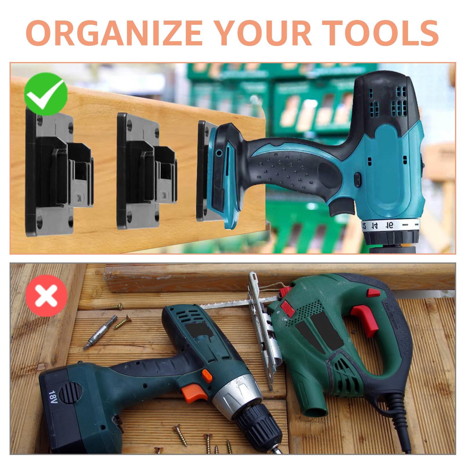 Lot de 8 Support Batterie Makita Compatible 18V et 14,4V, Porte-batterie Mural Noir avec Vis pour Rangement Outil, Atelier Garage, Établi, Étagère et Véhicule de Service