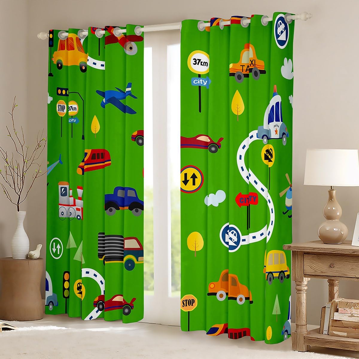 Loussiesd Excavator Kids Window Drapes Fire Truck Police Car Boys Curtains Helicopter Bus Ambulance Window Curtains for Bedroom Living Room Cartoon Vehicle Cars Window Treatments Green W46*L72 - Image 2