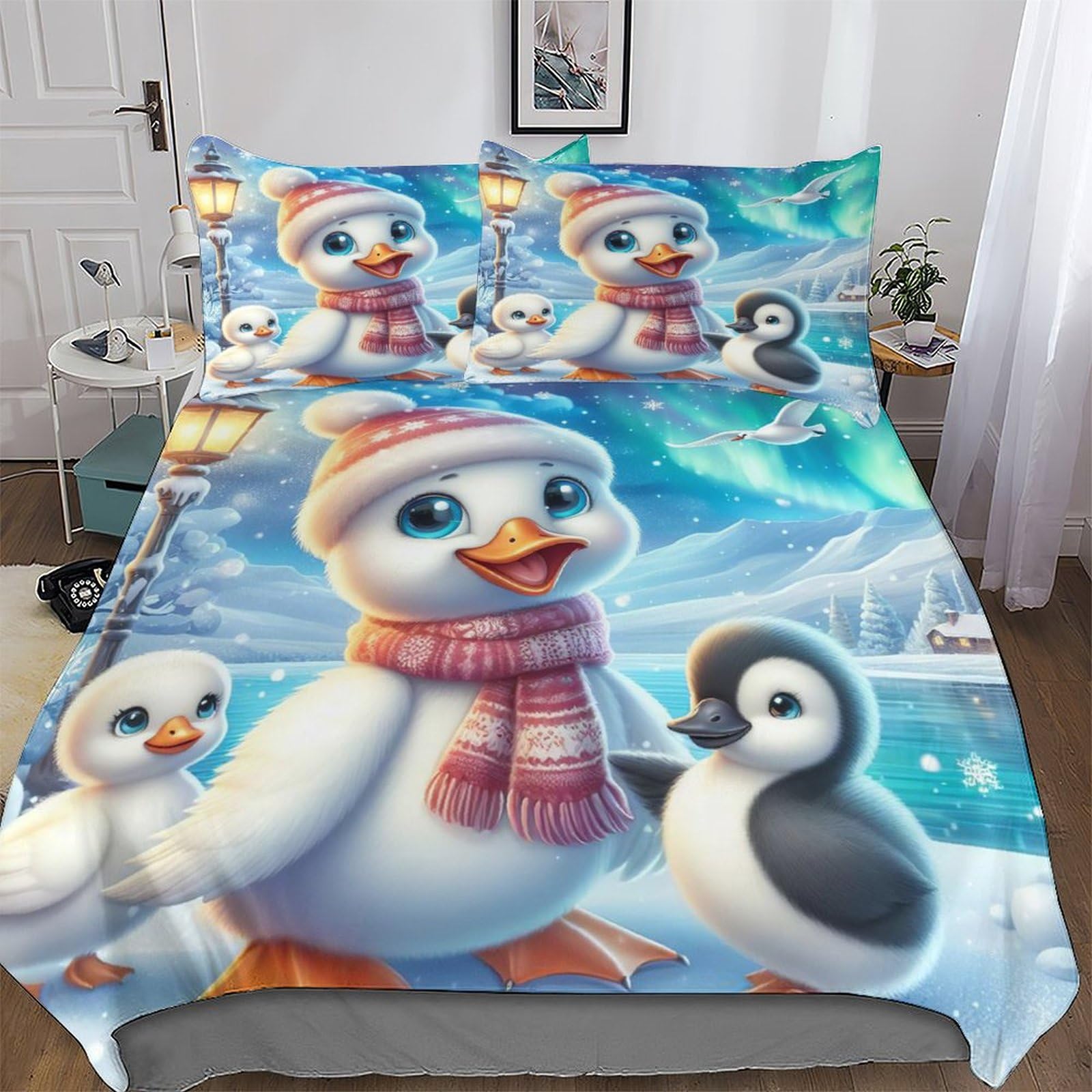 Housse de couette canard mignon en microfibre parure anti-froissement grand lit 220x240