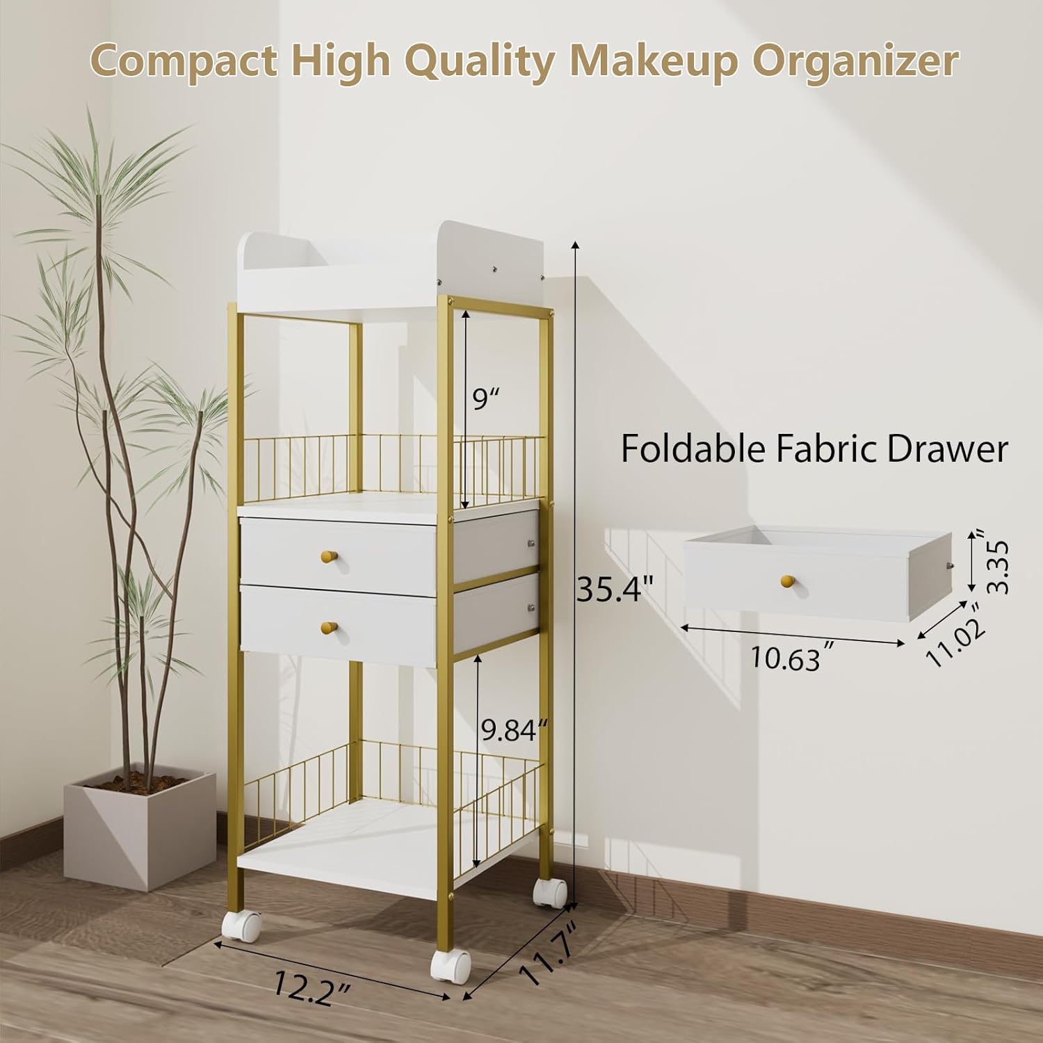 Makeup Organizer Cart Shelf Floor Skincare Organizers Make Up and Station Storage Cabinet For Vanity Standing Cosmetics With Drawers and Wheels For Nail Polish Perfume Hair Tool Holder Beauty(Gold)