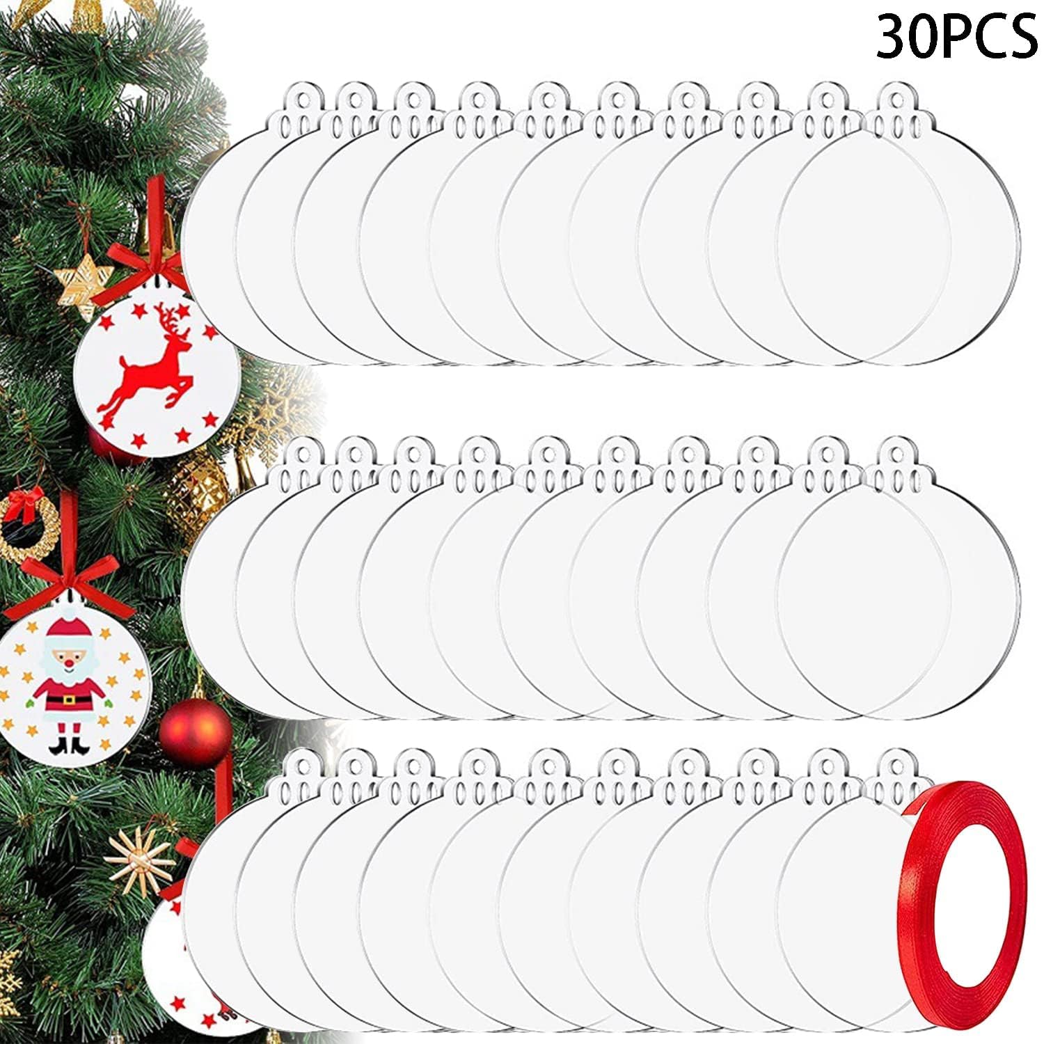 ZOOMPIL transparante acryl kerstornamenten, 30 stuks kerstacryl ornamenten transparante acryl schijf met rood lint voor kerstboomfeest hangende decoraties