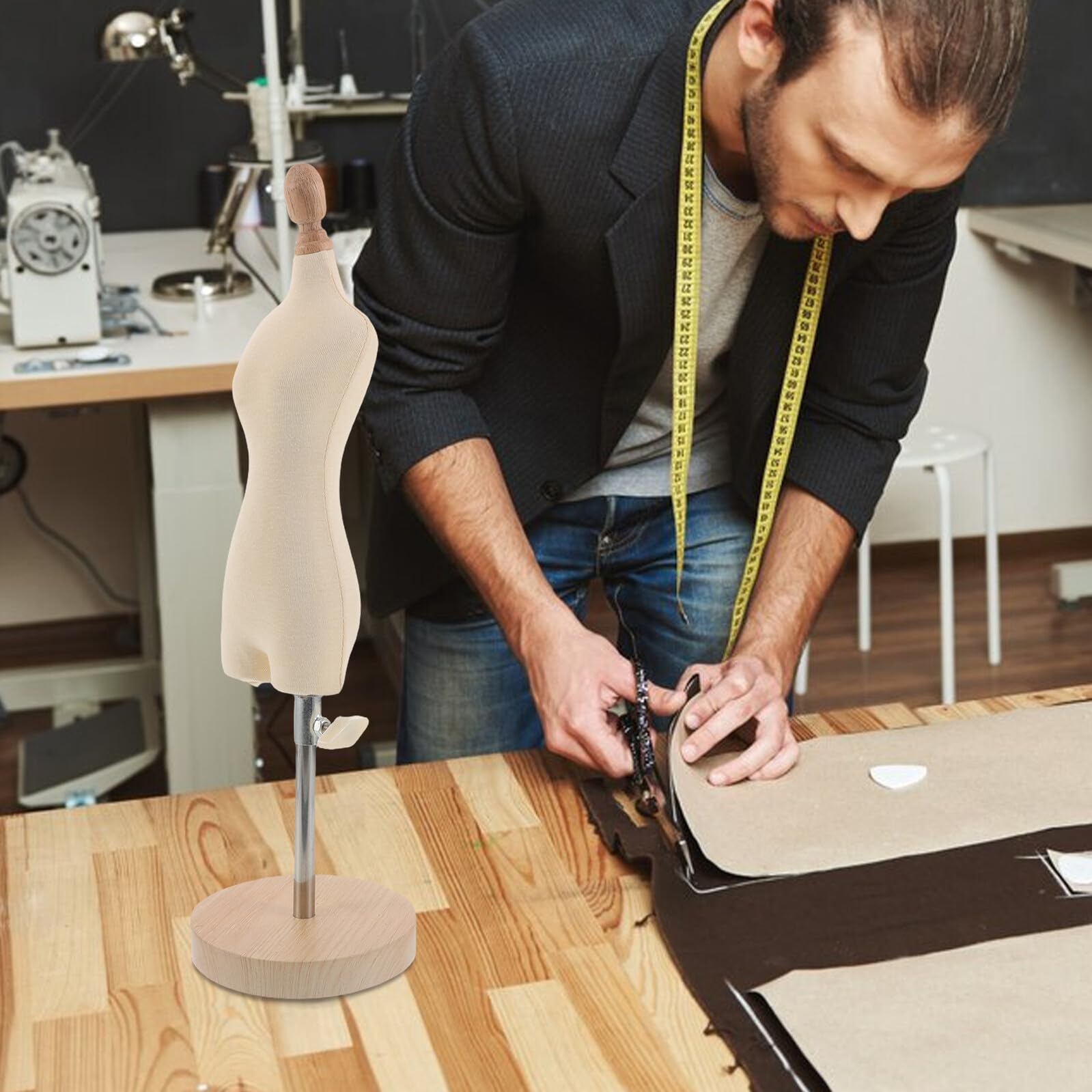 Manichino da Cucito Mini Regolabile con Base in Legno per Sartoria e Studio Casa Forma Abito Femminile con Inserimento Spilli per Progettazione e Creazione Abiti