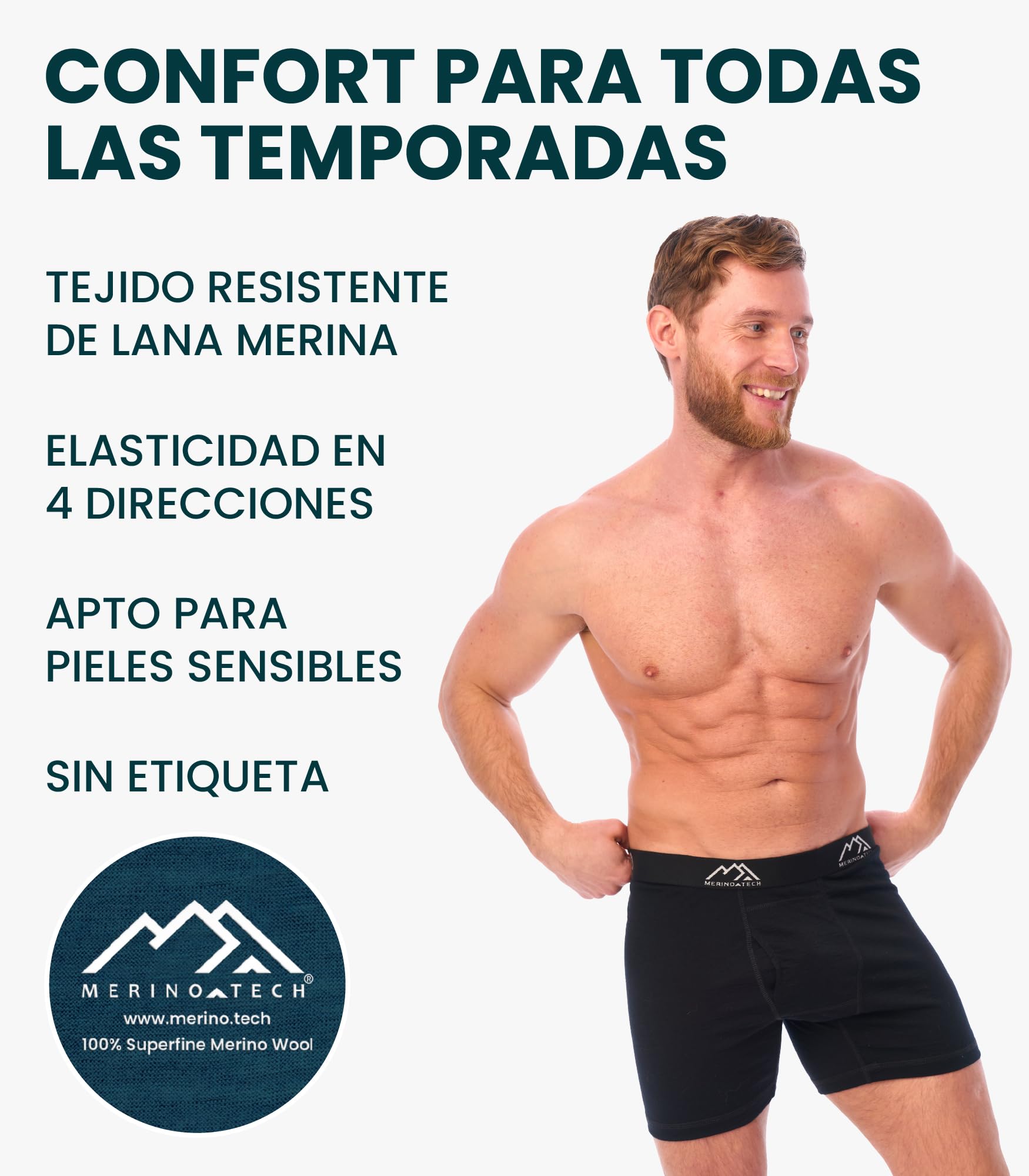 Merino.tech Calzoncillos Lana Merino Hombre - Boxer (L, P2 - Black) | Cintura elástica, sin rozaduras en entrepierna, transpirables, uso diario