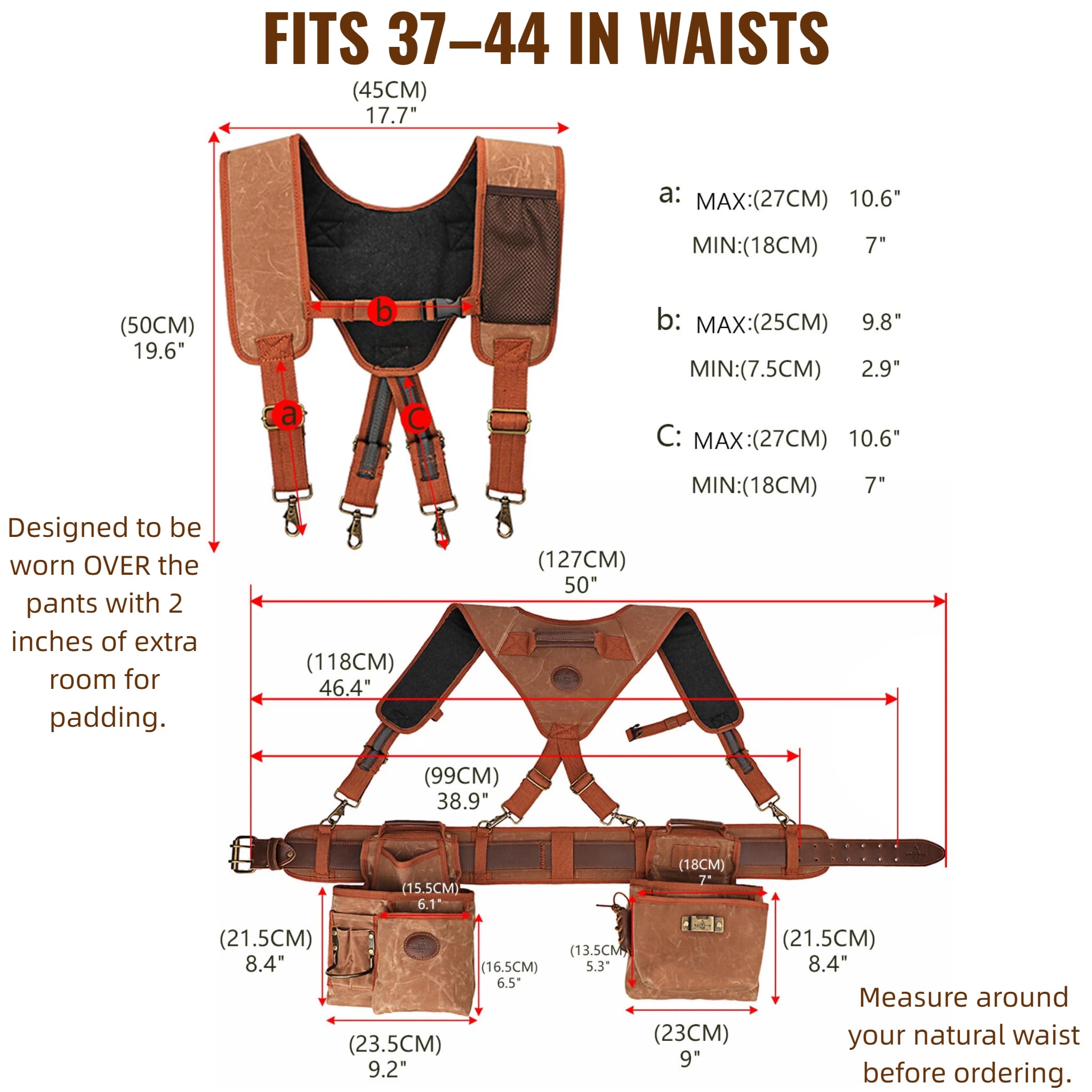 Tourbon Ceinture à outils de menuiserie détachable et robuste avec bretelles en toile rembourrée pour encadrement de construction