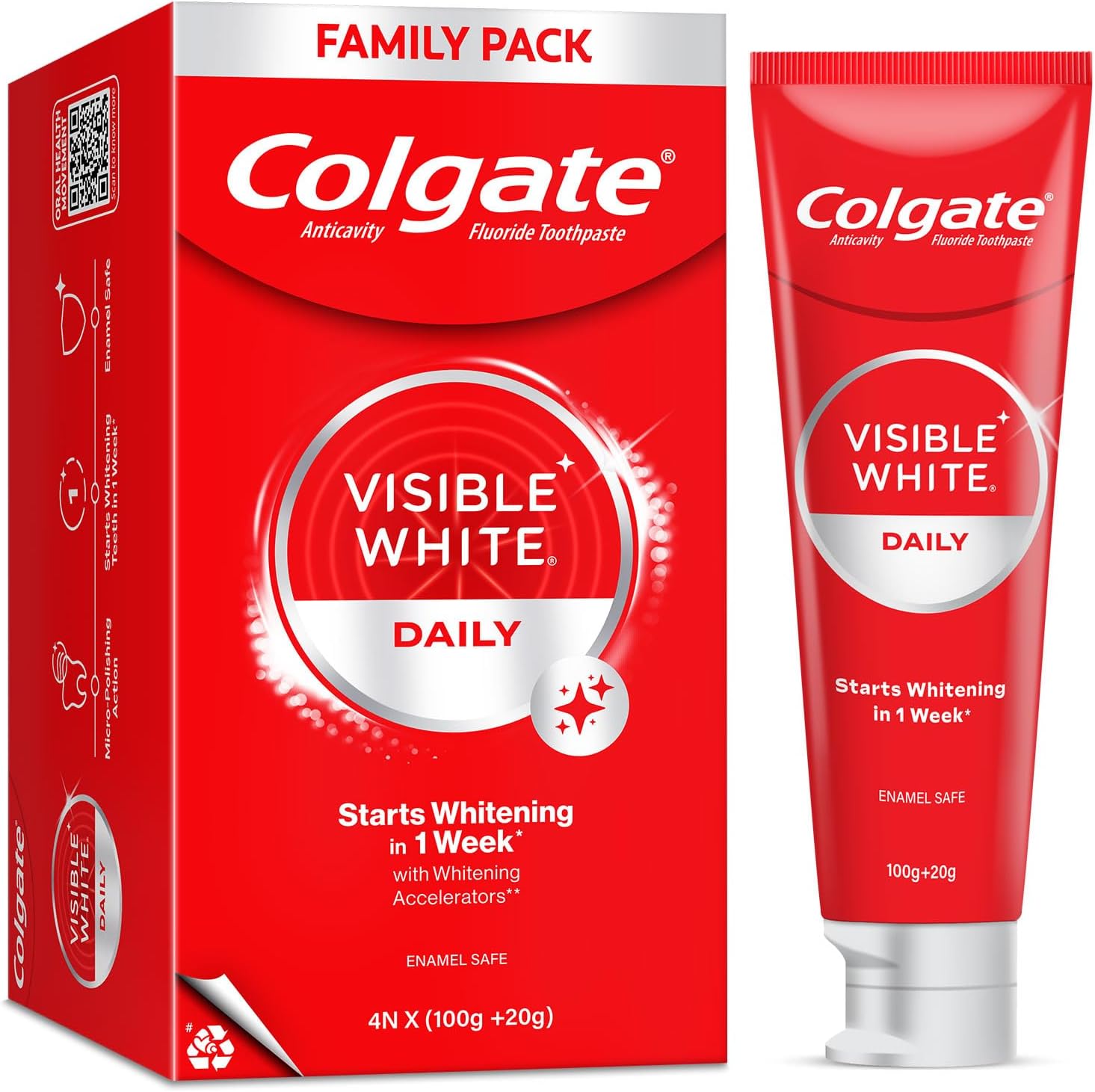 Colgate Visible White Toothpaste 480g (Combo Pack of 4 x 120g) Teeth Whitening Starts in 1 Week, Safe on Enamel, Stain Removal Tooth Paste and Minty Flavour for Fresh Breath