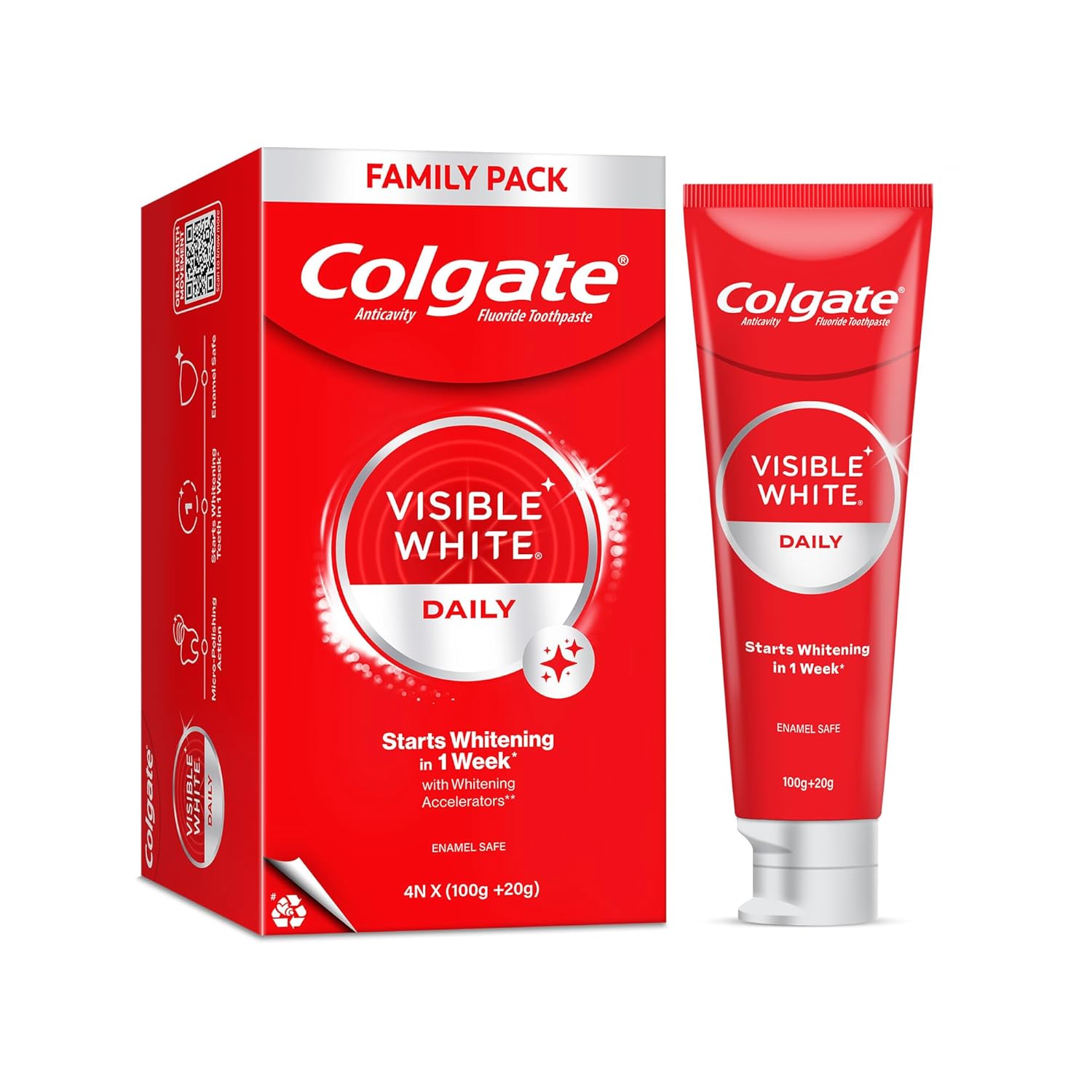 Colgate Visible White Teeth Whitening Toothpaste, Protects Enamel, Removes Stains, With Whitening Accelerators, 480g, 120g X 4