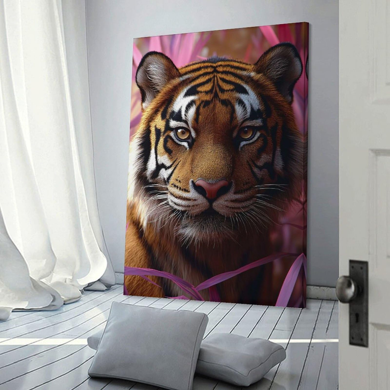 Junmoney Tiger Portrait with Pink Foliage Hanging Wall Art 20x30inch(50x75cm), for New Homes, Bedrooms Or Workspaces, Thoughtful Wall Decor for Art Lovers