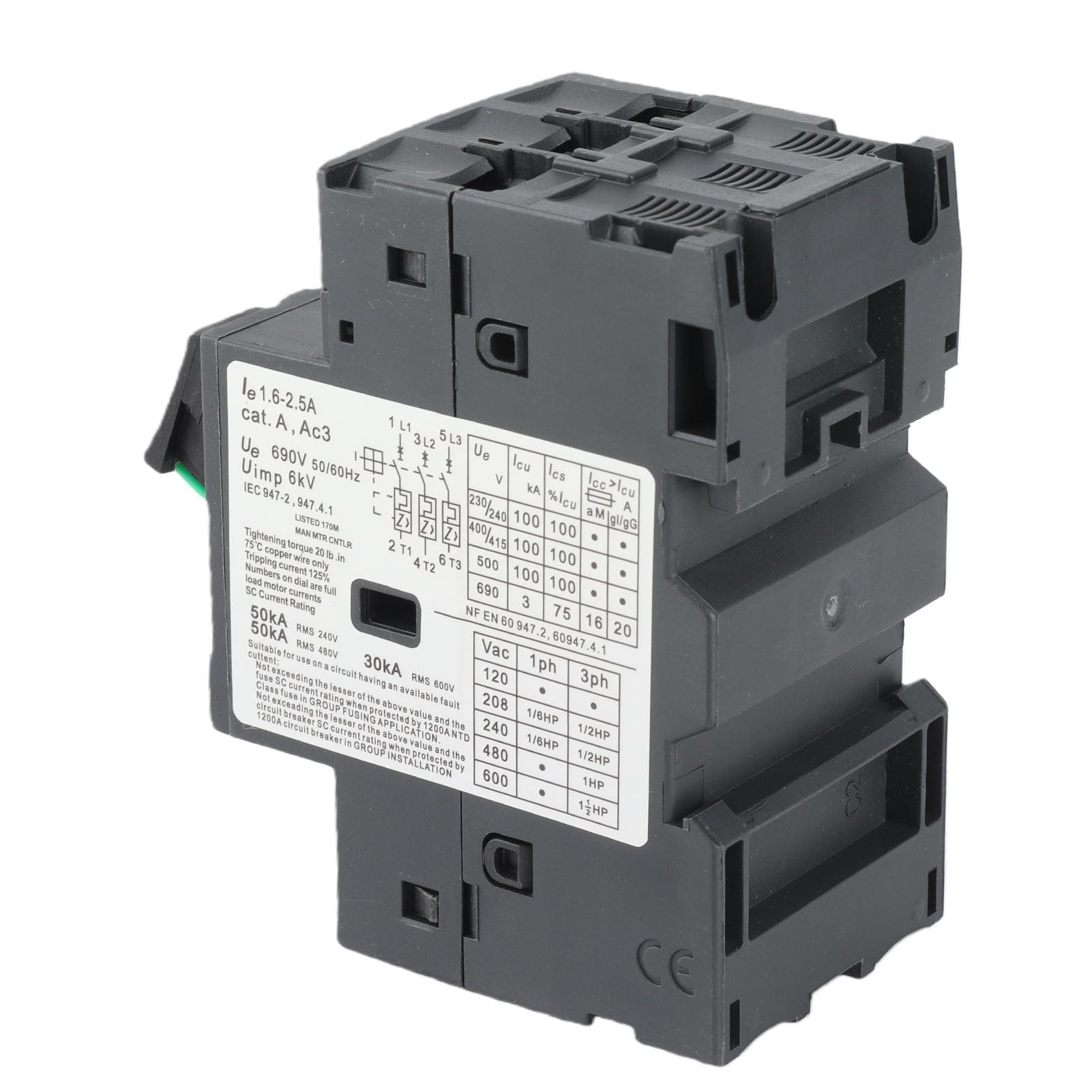 Disyuntor de Motor 3P 1.6-2.5A AC690V, Protección para Motor con Retardante de Llama, Montaje en Riel Guía de 35 mm, Interruptor de Circuito Trifásico para Control de Carga Industrial